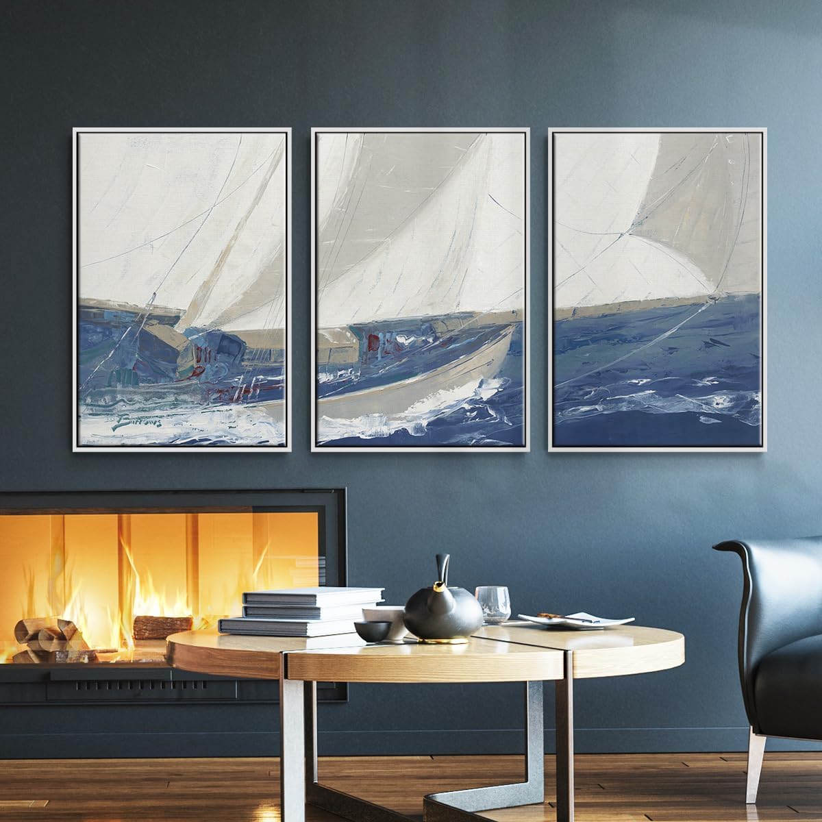 Renditions Gallery Seascape Wall Art Port to Port White Sailboat Painting Modern Ocean Artwork Picture Canvas Prints Wall Decor for Bathroom and Bedroom-White Floater Frame-24”x36”x 3 Panels, LS020