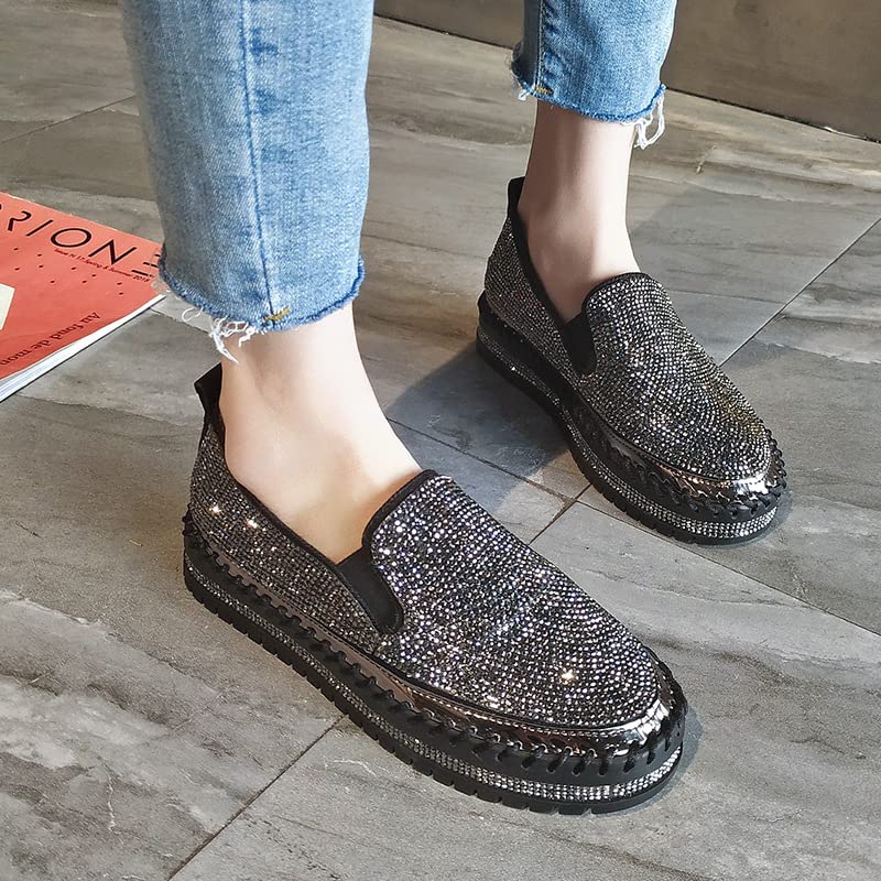 HINDOLA Women's Sparkly Fashion Sneakers Rhinestone Slip on Flatform Loafers Low Top Bling Casual Walking Shoes3