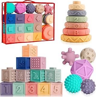 Baby Toys 6 to 12 Months, 3 in 1 Montessori Toys, Colorful Soft Stacking Blocks, Sensory Toys & Stacking Rings with Patterns, Numbers, Early Development Learning Toys for 6-12-18 Months Infant Toddler