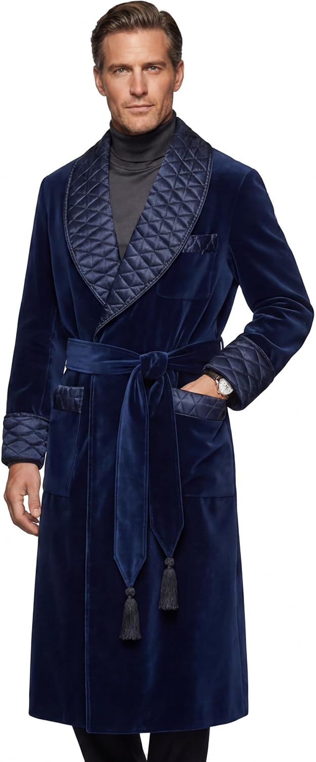 Smoking Jacket Green Long Velvet Gown For Men English Vintage Gentleman Belted Robes