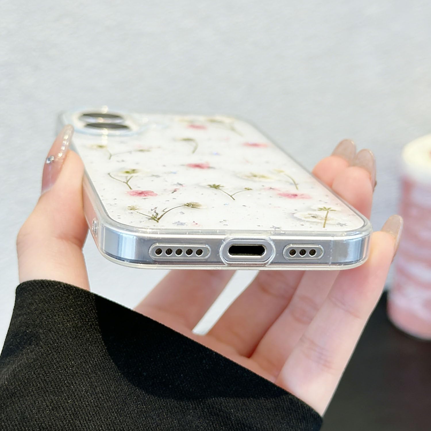 for iPhone 16 Floral Case Glitter Clear with Real Pressed Bling Little Pink Flowers Design Cute Sparkle Slim Soft TPU Transparent Protective Women Girl's Girly Phone Cover Shell - Image 7