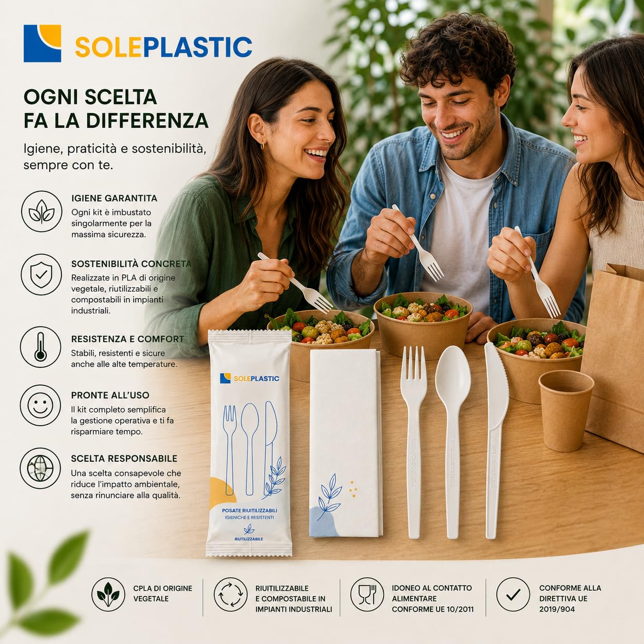 100 Posate Da Viaggio TRIS IMBUSTATE SINGOLARMENTE - Coltello,Forchetta,Cucchiaio e Tovagliolo RIUTILIZZABILI da 16 cm Bianco - RESISTENTI per Cibi Caldi Fino a 70° - Set Posate per ogni Occasione