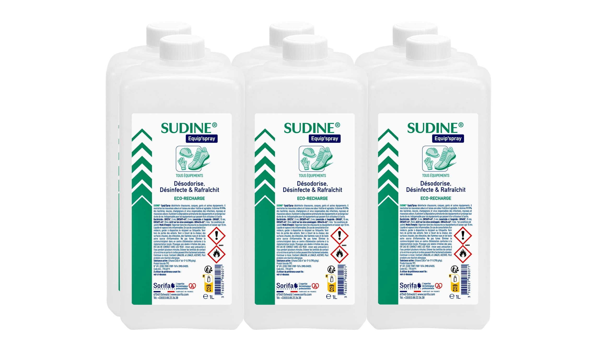 Lot de 6 - Sudine Equip’spray - Désodorise, désinfecte, rafraichit - Chaussures, casques, gants, équipements - Recharge 1L pour SUDINE Equip'spray 50 et 125 ml ou pour le Spray 1L SORIFA