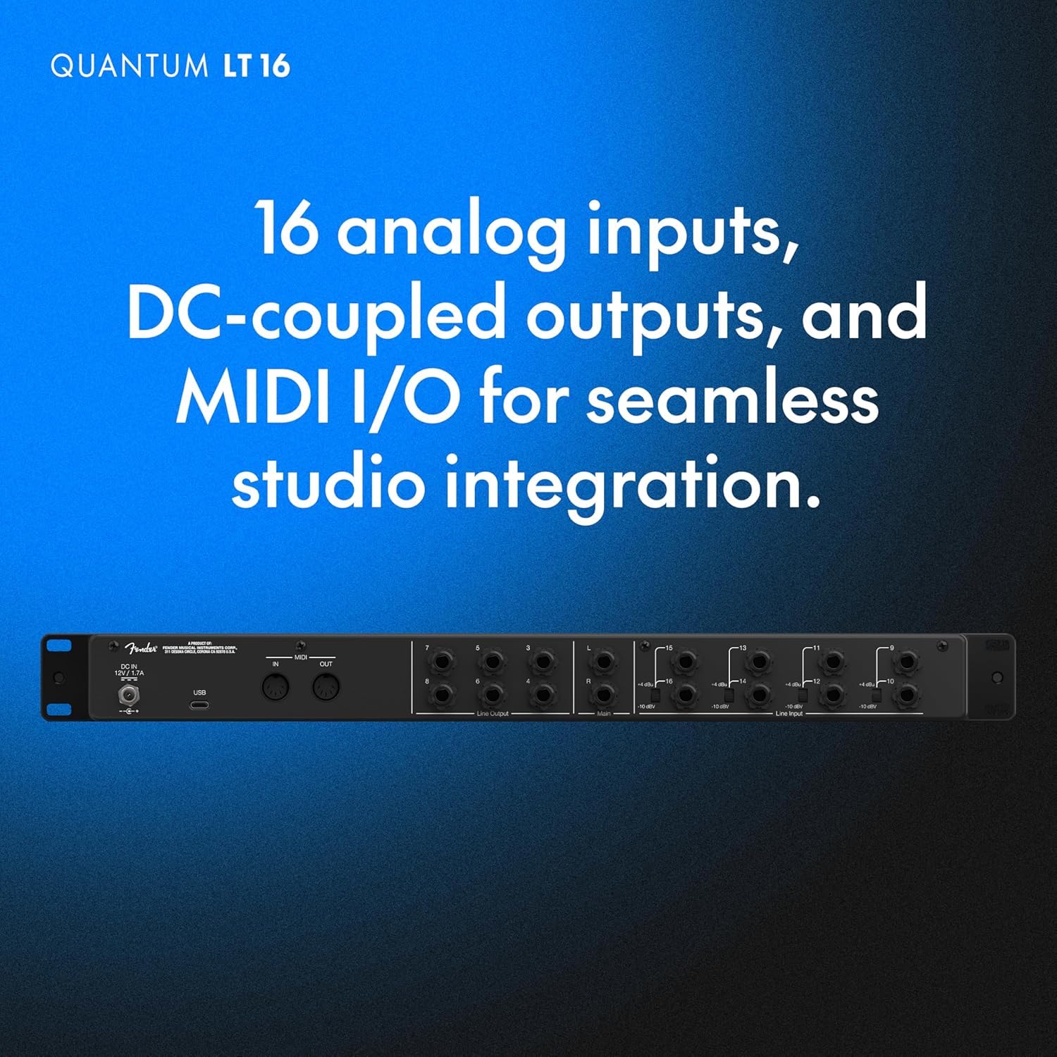 Fender Quantum LT 16 - Interfaz de audio USB-C de 16 pulgadas y 8 salidas para producción musical, ocho preamplificadores de micrófono MAX-HD, 14 entradas de línea, controladores de baja latencia