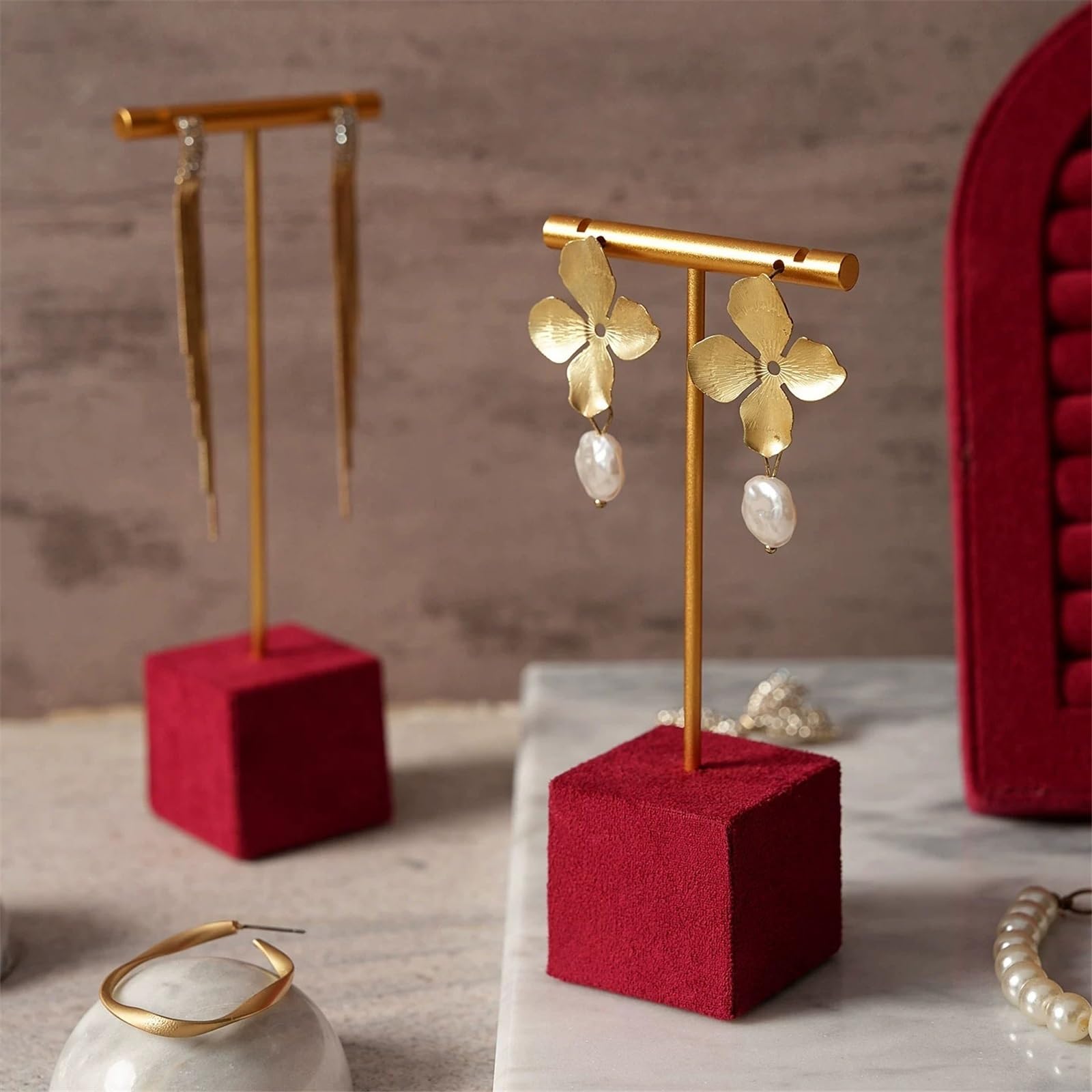 Stojak na biżuterię 7 Pcs Velvet Ring Holder Marble Tray Jewelry Stand Set Stojak na naszyjnik