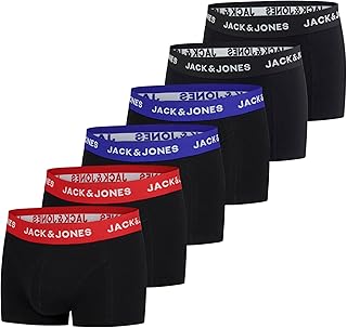 JACK & JONES Men's Boxer Shorts, Pack of 6, Basic Trunks, Boxer Stretch Underwear, Retro Shorts Set, Cotton, Black, Red, Green, Blue, Grey, S, M, L, XL, XXL, 3XL