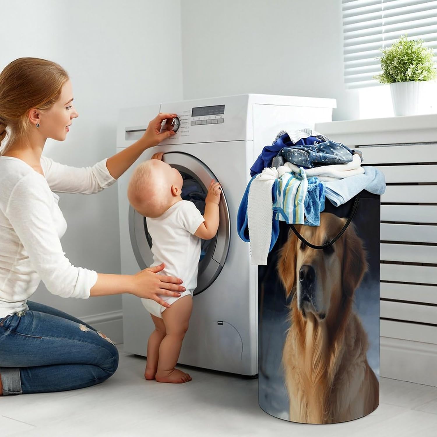 Golden Retriever Laundry Hamper with Handles Waterproof Collapsible Laundry Basket Large Lightweight Round Dirty Clothes Hamper for Home Dorm Bathroom Decor