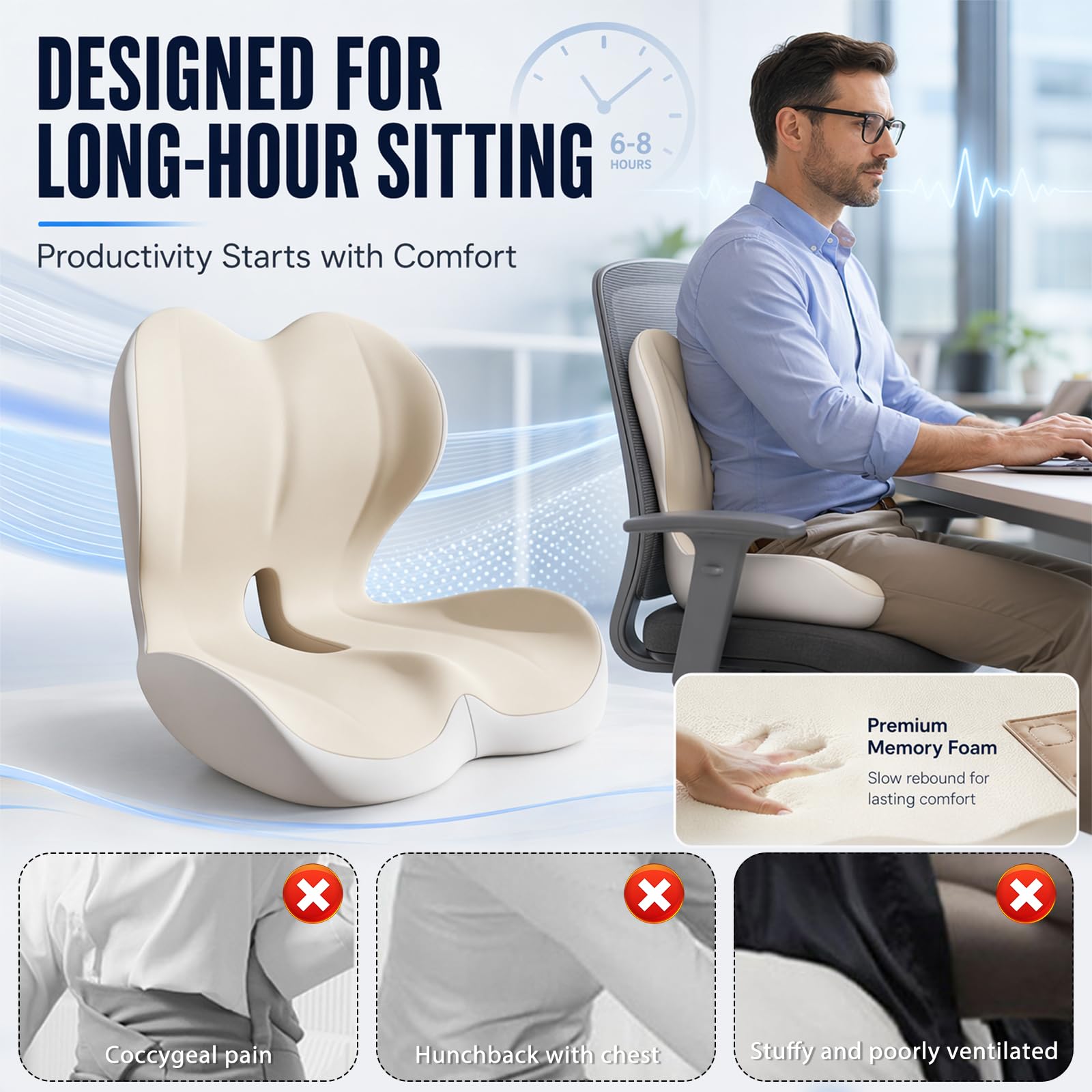 Cojín ergonómico con respaldo, cojín de espuma viscoelástica para silla de oficina y coche, cojín ortopédico, cojín de asiento transpirable para oficina en casa, juegos y asiento del conductor