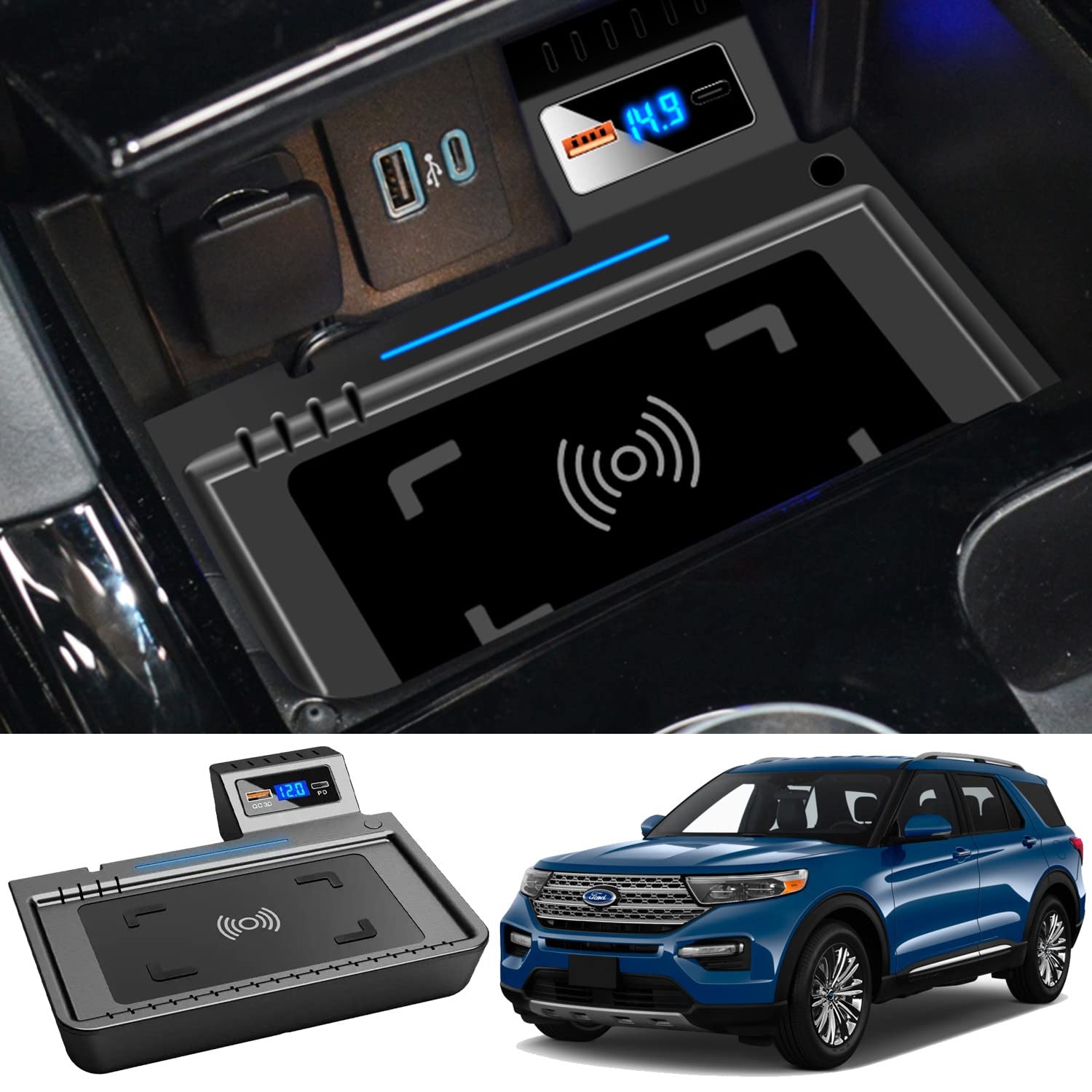 Kabelloses Ladegerät Auto für Ford Explorer Base/XLT/Limited/ST/Platinum/Limited Hybrid 2020-2022, 15W Qi Wireless Schnellladendes Handy-Ladegerät mit QC3.0-USB-Anschluss für iPhone Samsung