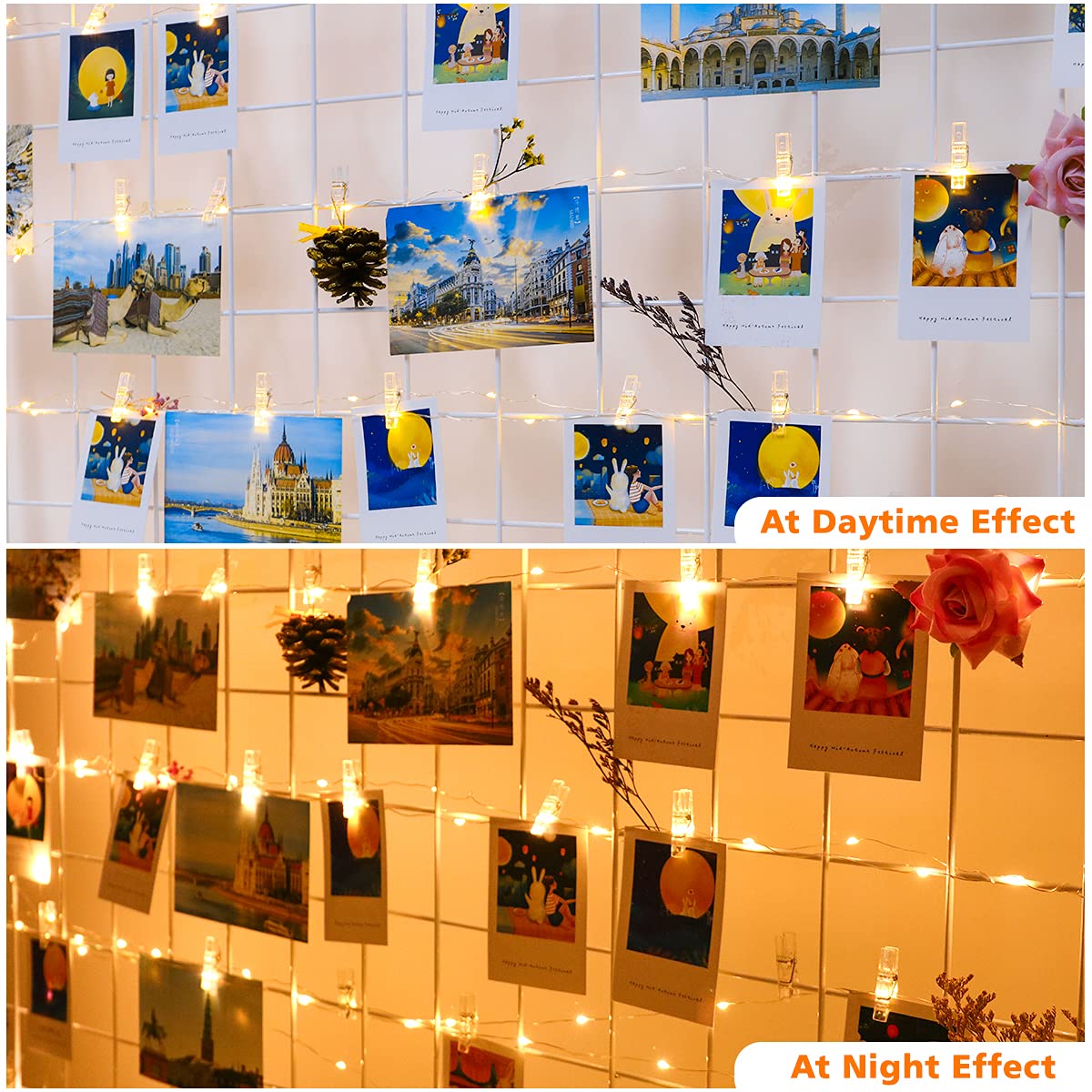 Guirlande Photo LED 10m Avec 100 Pinces - 100 LEDs, 2 Modes, Alimentation Piles AA, Déco Chambre, Anniversaire