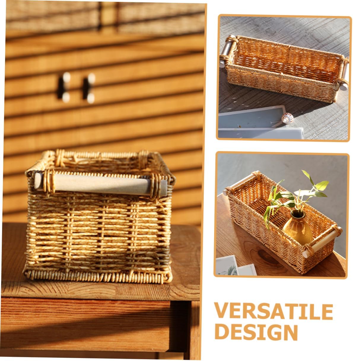 Woven Sundries Basket with Handle, Rectangular Storage Organizer