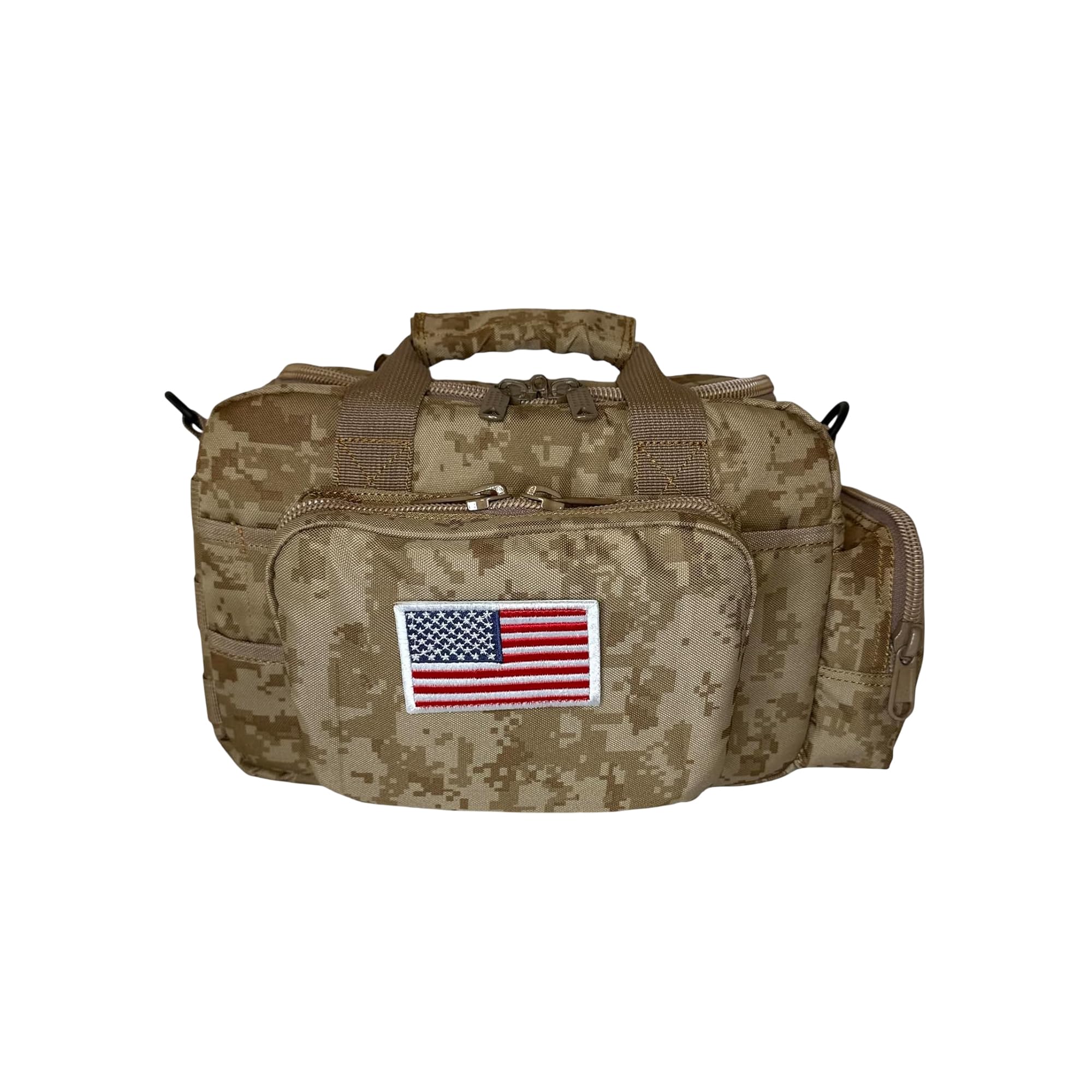 Camo Handgun Bag | Durable 1000D Polyester Tactical Bag - Multiple Compartments with Lockable Zippers | Comfortable Hook & Loop Handgrip & Padded Shoulder Strap | American Flag Patch Included