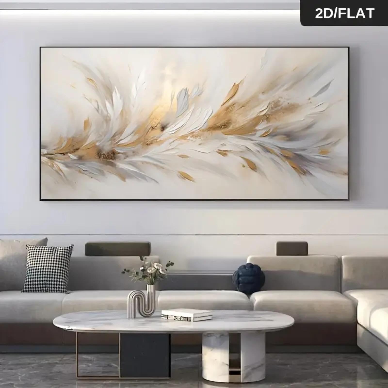 ZHAOLIN Grande toile murale élégante et moderne avec plumes grises dorées abstraites - Peinture contemporaine pour salon, chambre à coucher, 70 x 140 cm, sans cadre