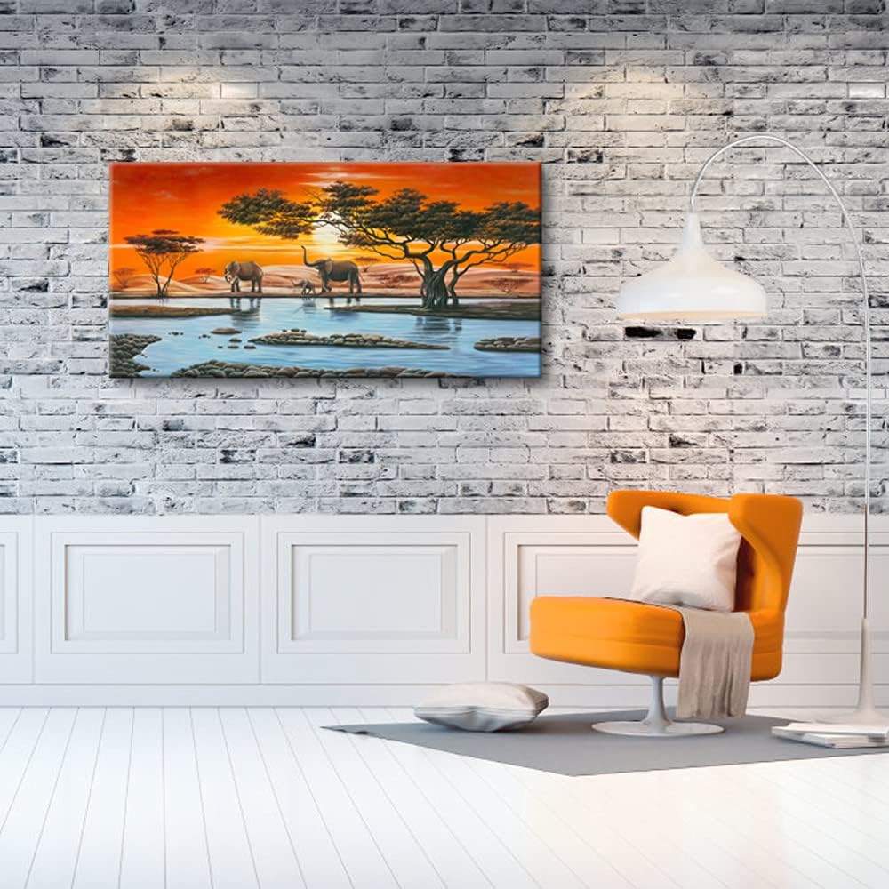 Wieco Art African Elephants Giclee Canvas Prints Wall Art Modern Extra Large African Landscape Animals Paintings Reproduction Pictures Artwork for Living Room Home Decorations