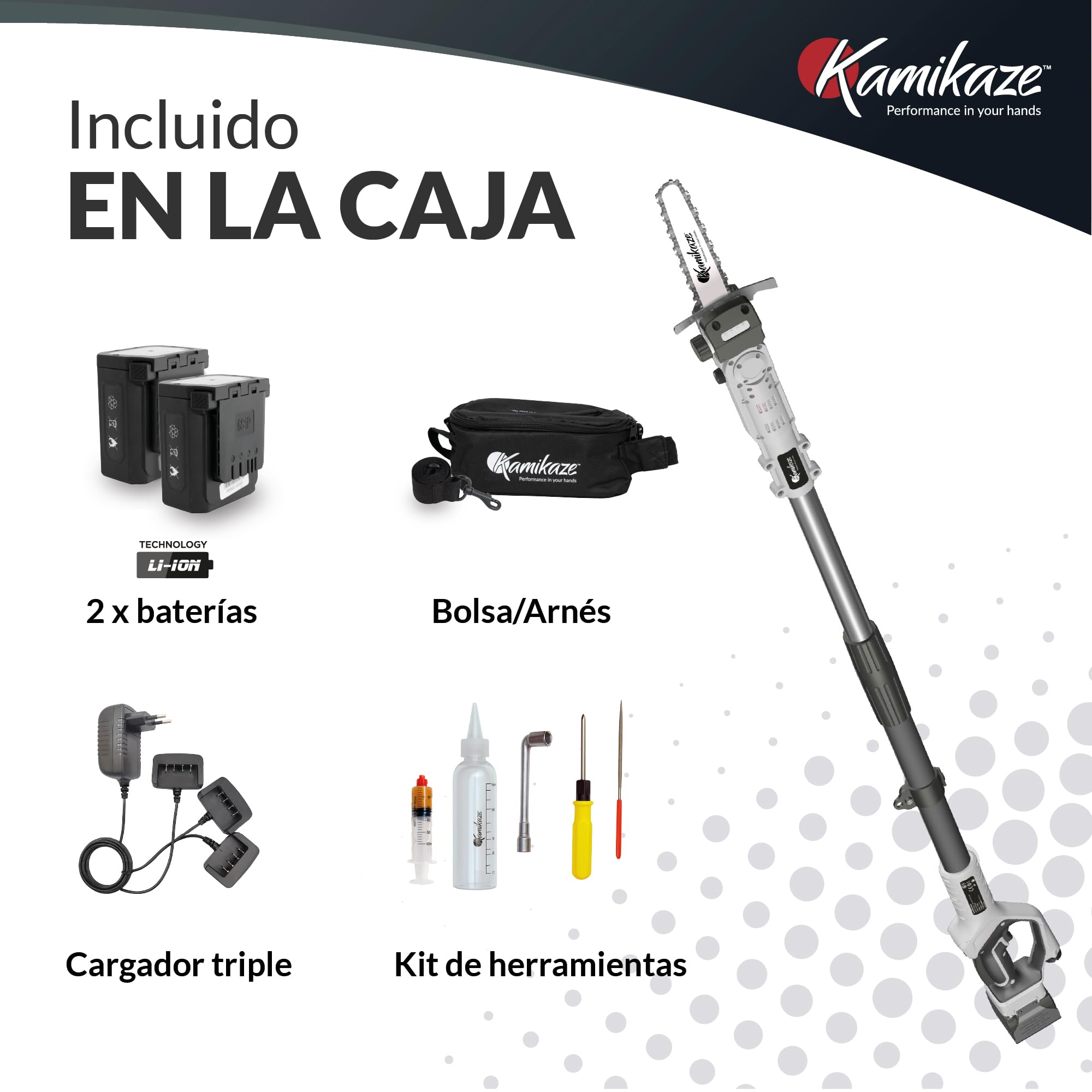 KAMIKAZE Sierra Extensible Eléctrica Inalámbrica Profesional - Corte Ø 160 mm, Motor Sin Escobillas, Potencia 950W, Telescópica hasta 2.5m, Pantalla, 2 Baterías de Litio, Arnés, 3 Años de Garantía,