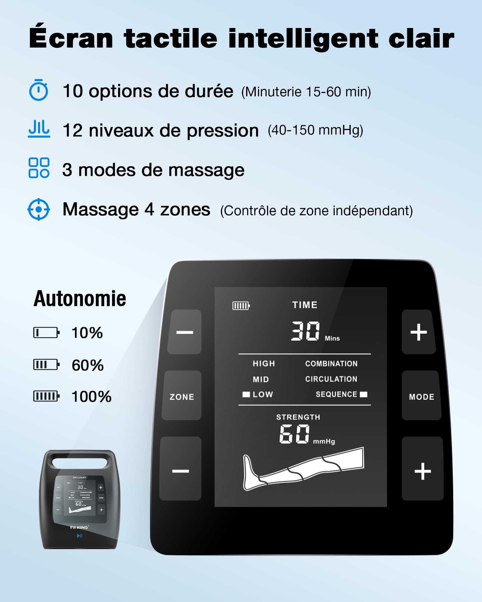 FIT KING Pressothérapie Jambes avec Contrôle 4 Zones, Rechargeable, Bottes de Compression d’Air pour la Récupération et la Relaxation Musculaire Profonde, Portable sans Fil, 12 Intensités, 3 Modes (M)