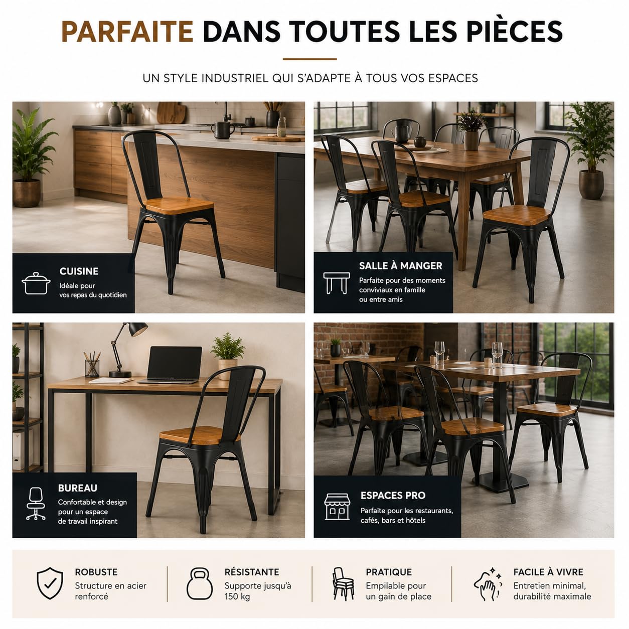 Kosmi - Lot de 4 chaises Style Industriel en métal Noir Mat et Assise en Bois Clair