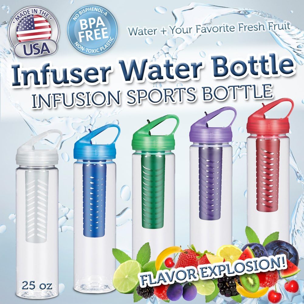 Infusion Water Bottle 25 oz Infuser Water Bottle - Made in USA - BPA Free - Fruit and Flavor Infuser Water Bottle with Twist-On Lid and Flip-Top Sports Drinking Spout