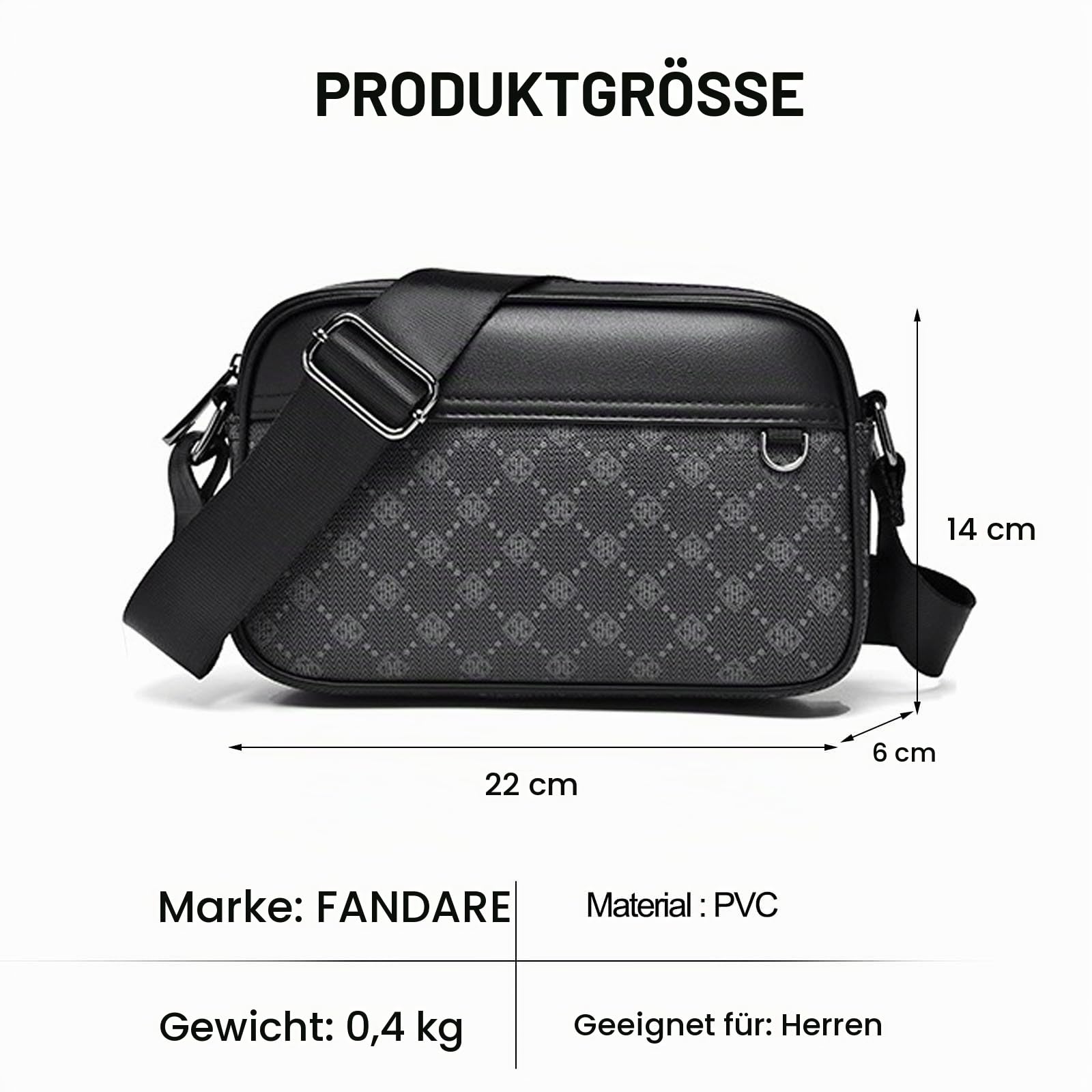 FANDARE Umhängetasche PVC Leder Herren Herrentasche Retro Horizontal Damen Schultertasche Handgelenktasche Arzttasche Schultertasche Crossbody Messenger Bag Arbeitstasche Geschenk für Männer Schwarz