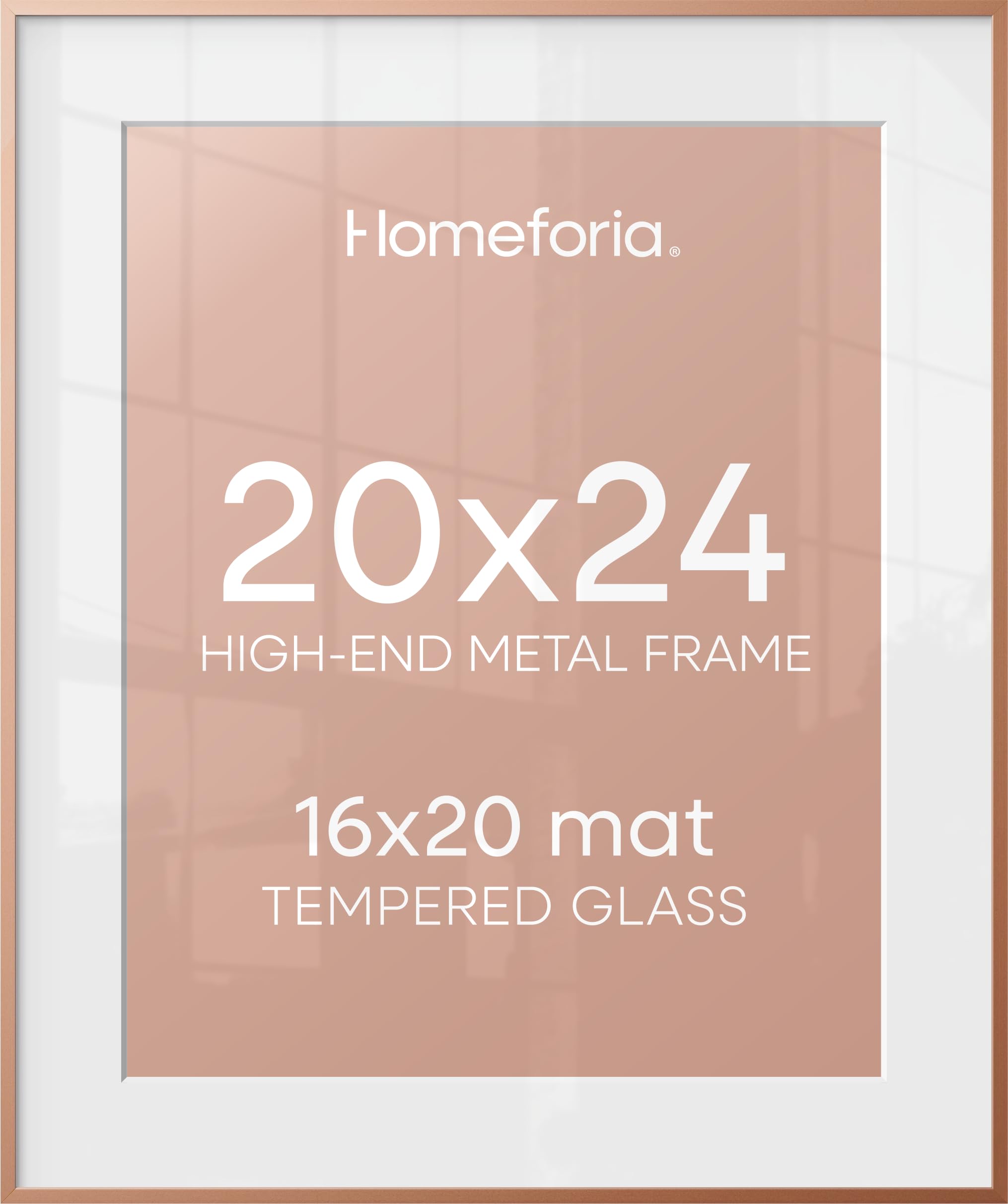 Homeforia 20x24 Frame Rose Gold, High End Metal 20x24 Poster Frames with Mat 16x20 inch Photo, 20 x 24 Rose Gold Picture Frame Matted to 16 by 20 Print, 24x20 Frame, Tempered Glass, Wall Kit, Set of 1