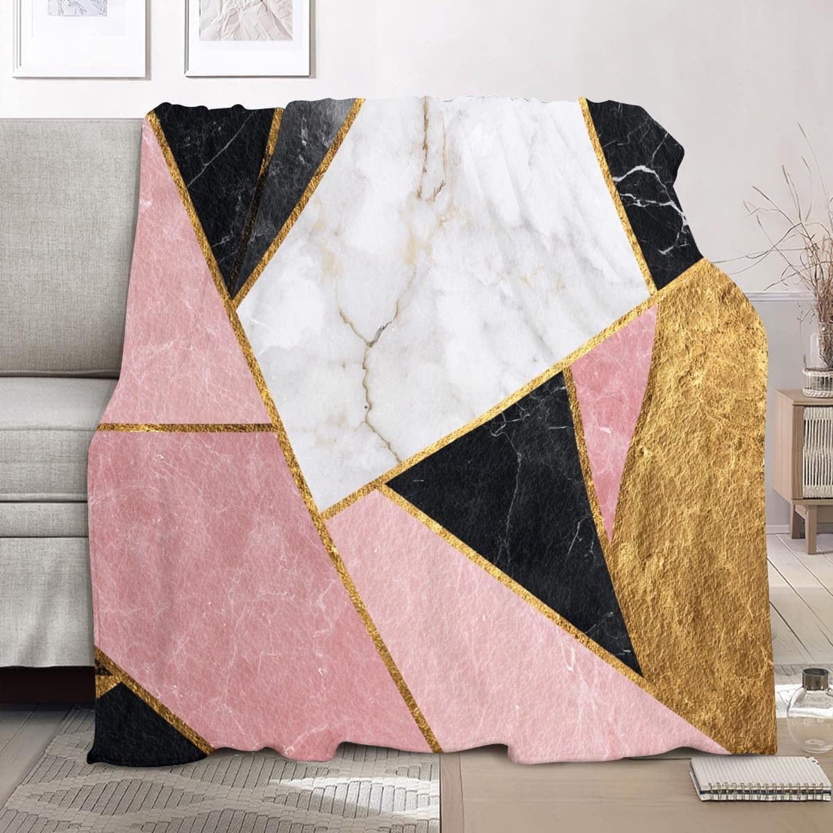 Plaid marbre rose 180x200 cm couverture flanelle luxe lit 2 personnes