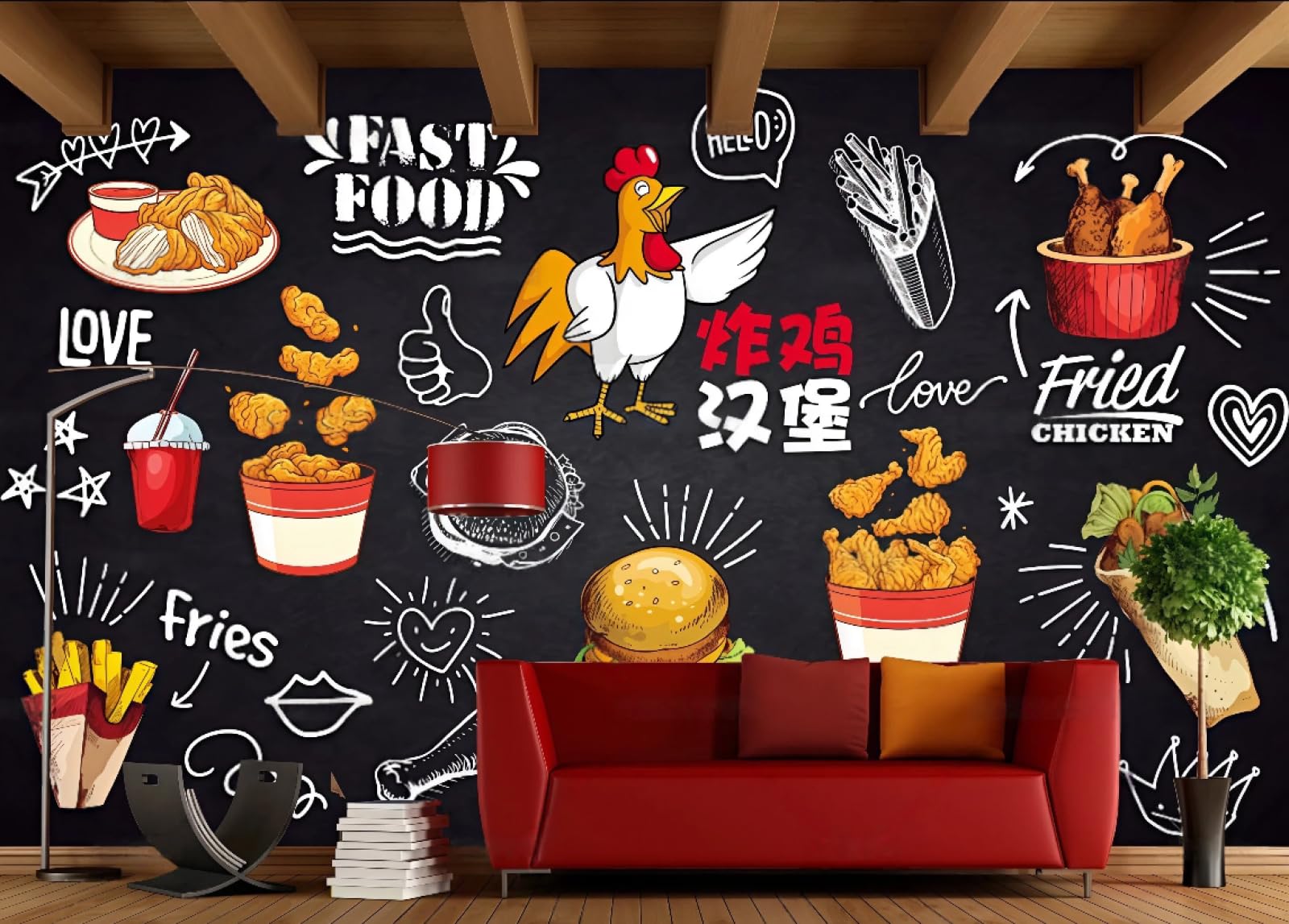 rskjdghshd Wallpaper Blackboard Hand-Painted Fried Chicken Burger Catering Food Fast Food French Fries Background Wall Western Restaurant Wallpaper Drink Coffee Shop Mural,3D,430x300cm
