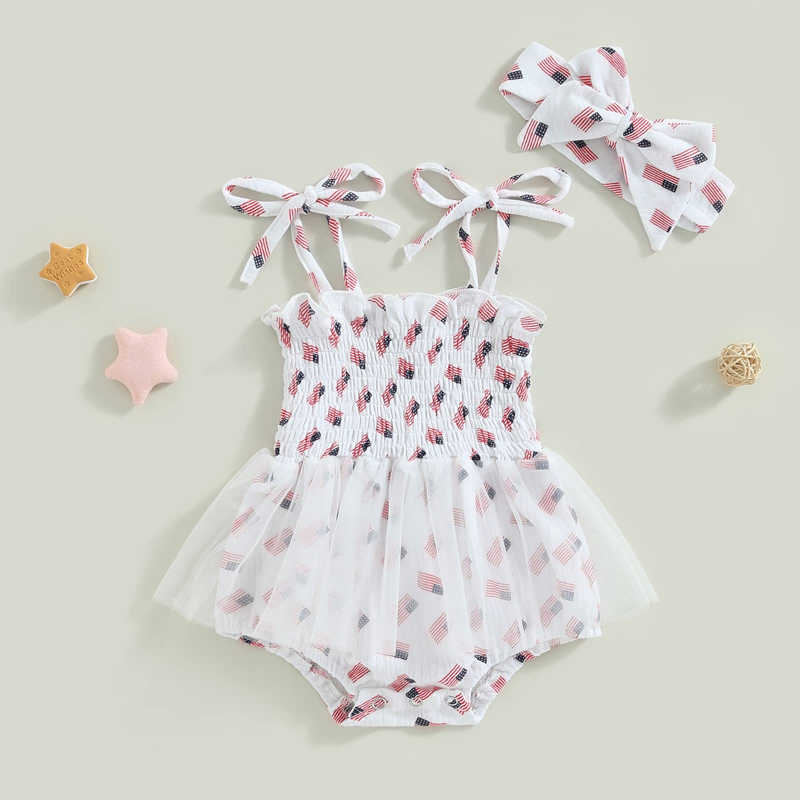 FYBITBO 4th of July Baby Girl Outfits American Flag Sleeveless Strap Romper Dress Tulle Bodysuit Infant Summer Clothes Set (American Flag, 6-12 Months)
