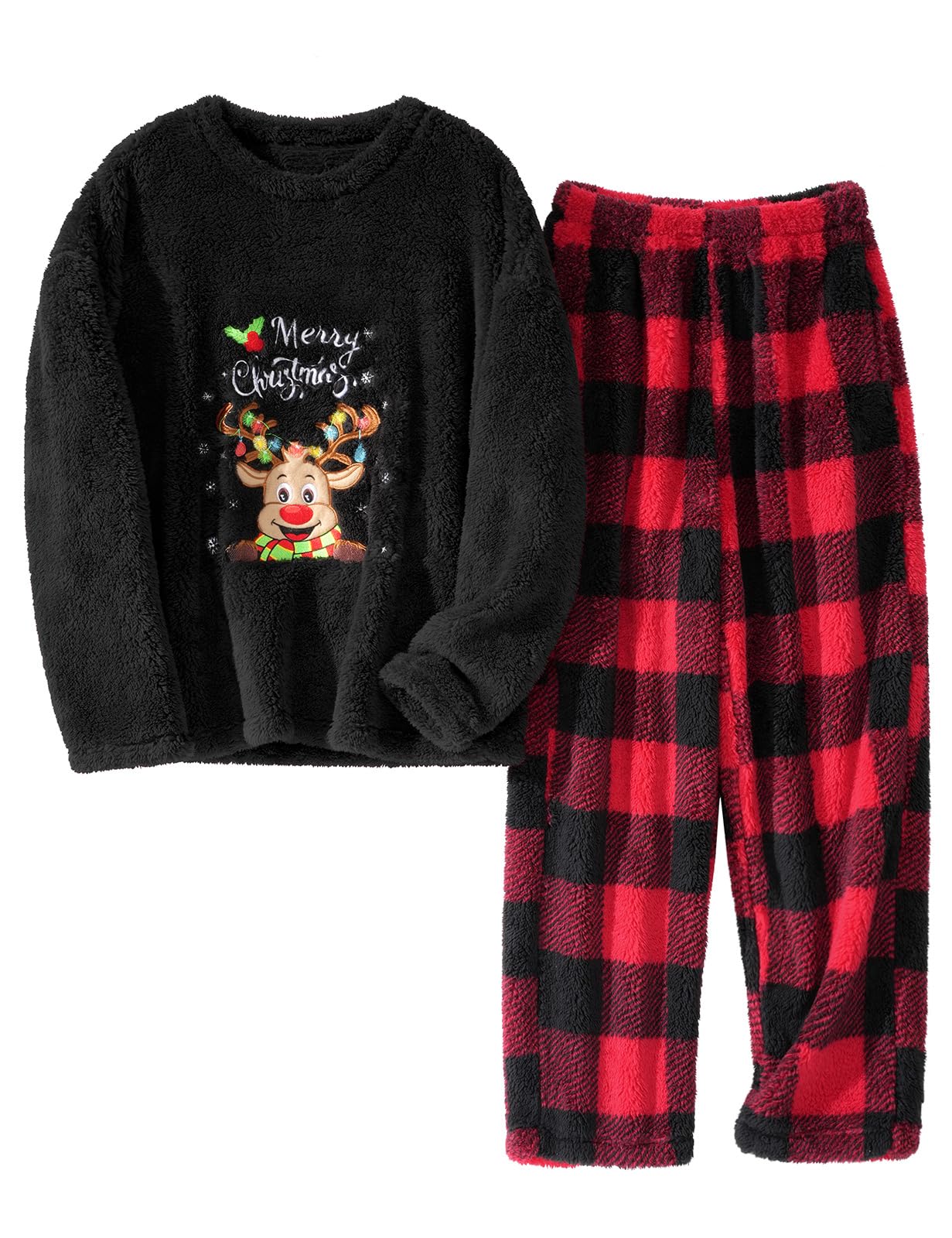 UMIPUBO Pigiama Donna Invernale Natalizio Pile Due Pezzi Caldo Natale Pigiami da Casa Felpato Set Tasche Elegante Manica Lunga e Pantalone Lungo Indumenti da Notte Loungewear Regalo Regali