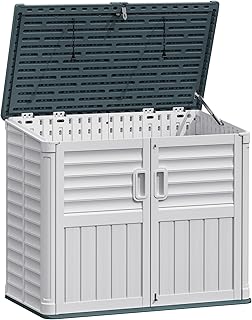 JUMMICO Resin Outdoor Storage Shed, 34 Cu Ft Horizontal Storage Cabinet for Trash Cans, Garden Tools, Pool Supplies (Beige)