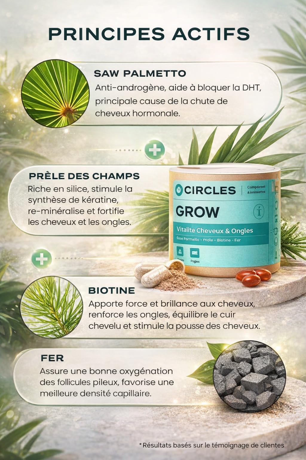 Circles GROW Integratore Capelli e Unghie Donna Biotina Selenio Ferro Serenoa Repens Equiseto Silice Vitamine B3 B5 B6, Senza Zuccheri Aggiunti, 30 Capsule Vegan Made in France
