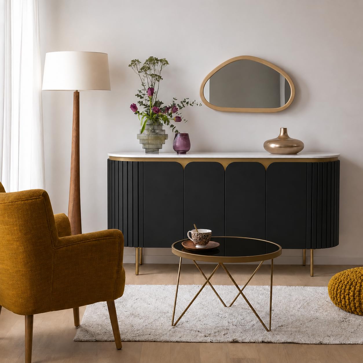 The Attic Carlston Large Sideboard, Multipurpose Cabinet for Kitchen and Living Room Storage, Solid Mango Wood, Black Matte Finish