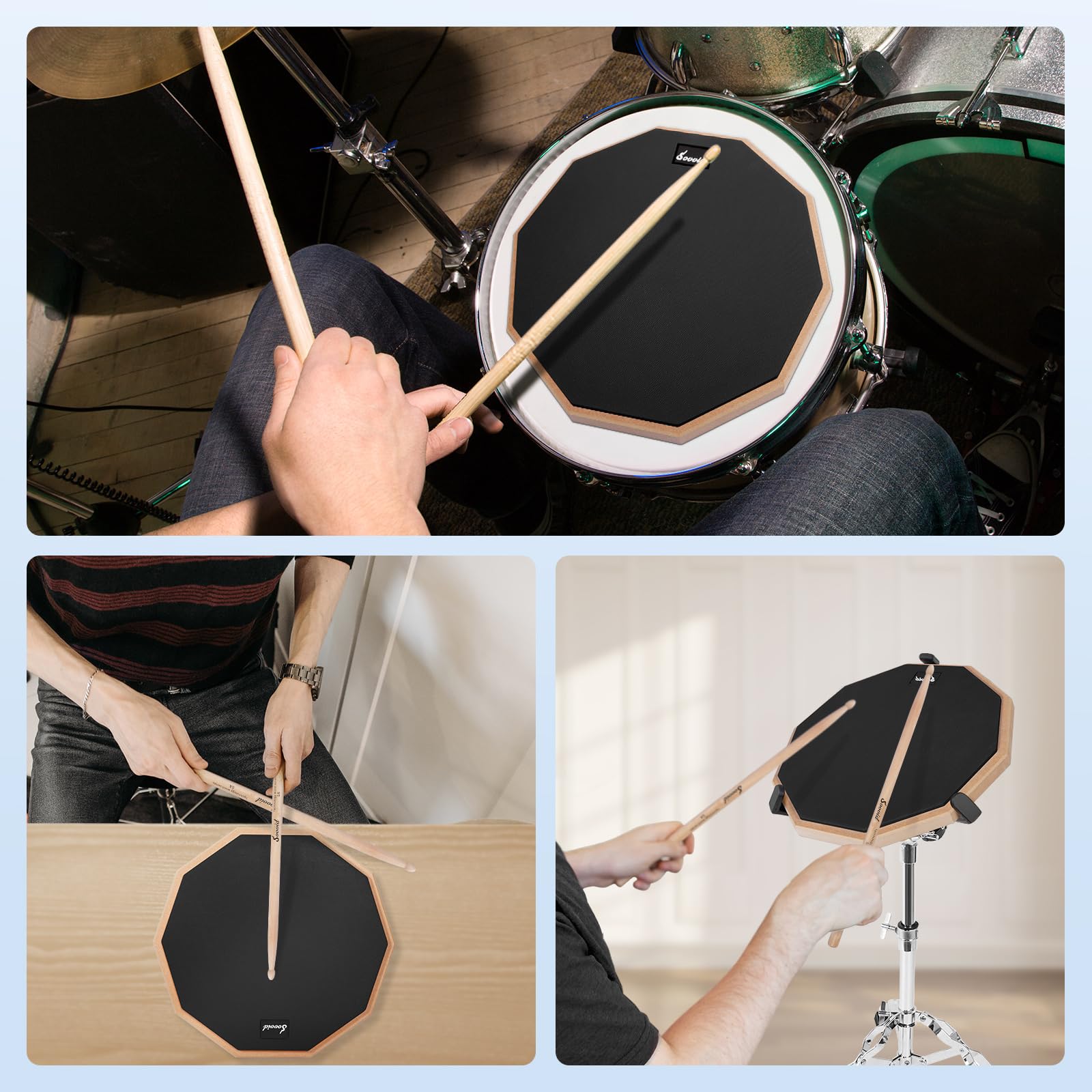 12 Zoll Drum Pad und 5A Drum Sticks, Doppelseitiges Snaredrum-Übungspad für Drummer, Silent Practice Drum Pad mit Aufbewahrungstasche - Schwarz