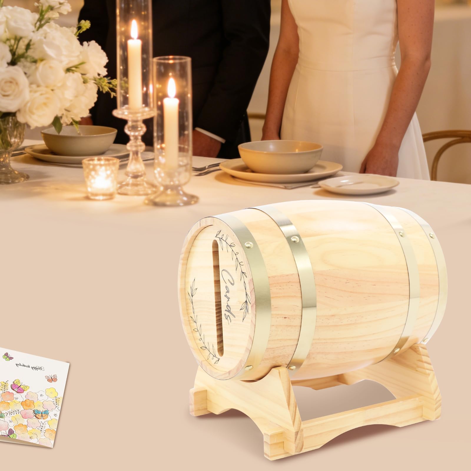 Kartenbox Hochzeit Holzfass, Kiefernholz für 150-250 Karten mit Sockel | Für Grußkarten, Umschläge und Gästebotschaften