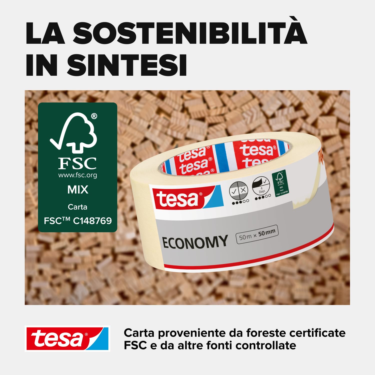 tesa Nastro per Mascheratura ECONOMY EcoLogo - Nastro in Carta per Mascheratura, Rimozione senza Residui per 4 Giorni, senza Solventi - Sottile, 6x 50 m x 50 mm