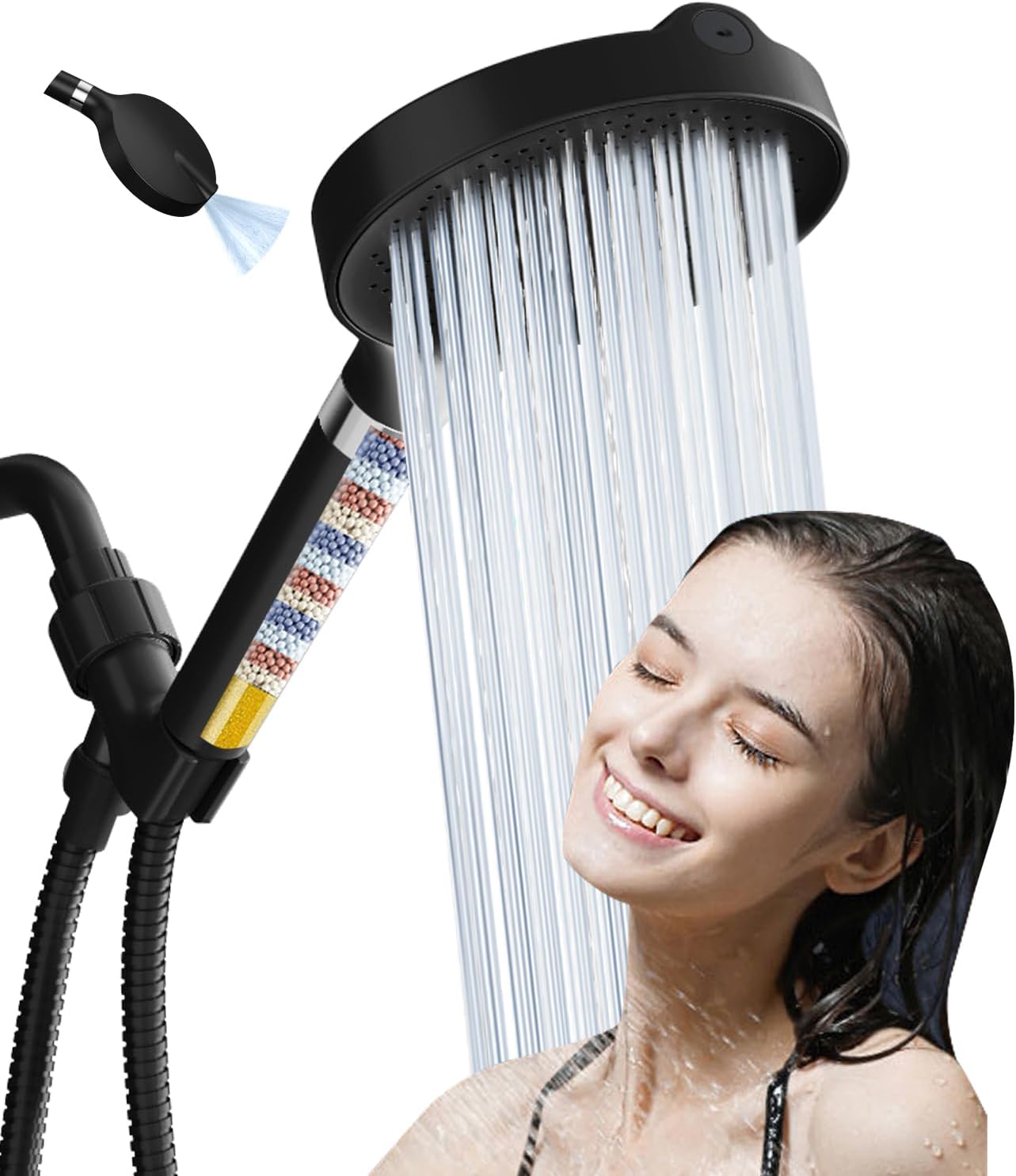 6“ Filtered Shower Head with Handheld, 6-Spray High Pressure Shower Head with Filter for Hard Water, Detachable Handheld Showerhead with Hose and Shower Arm Bracket, Matte Black product image