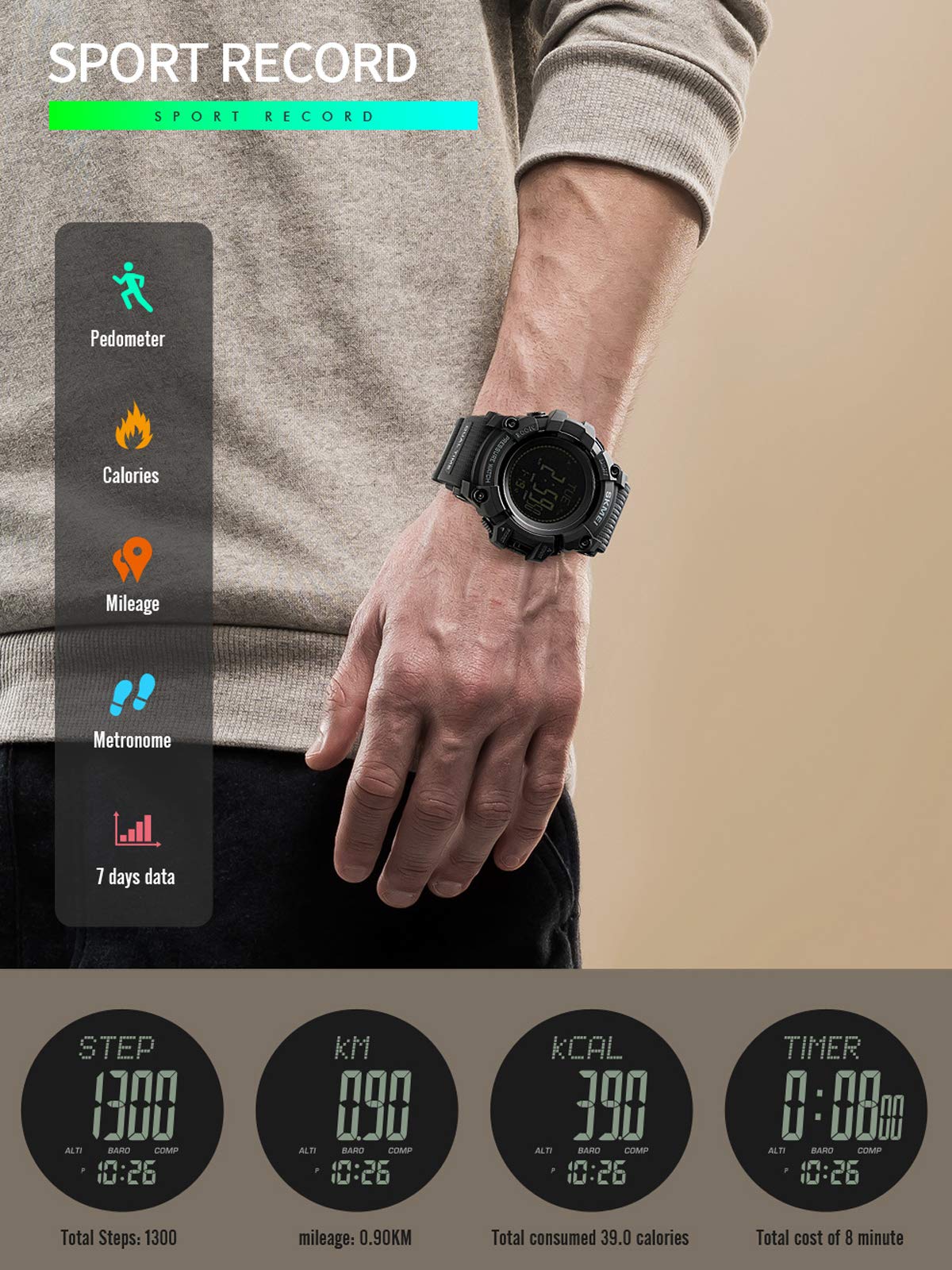 ABC,Orologio sportivo da uomo, con altimetro, barometro, bussola, contapassi, contatore calorie, cronografo, pressione contapassi, orologio digitale da uomo, Nero , All'aperto