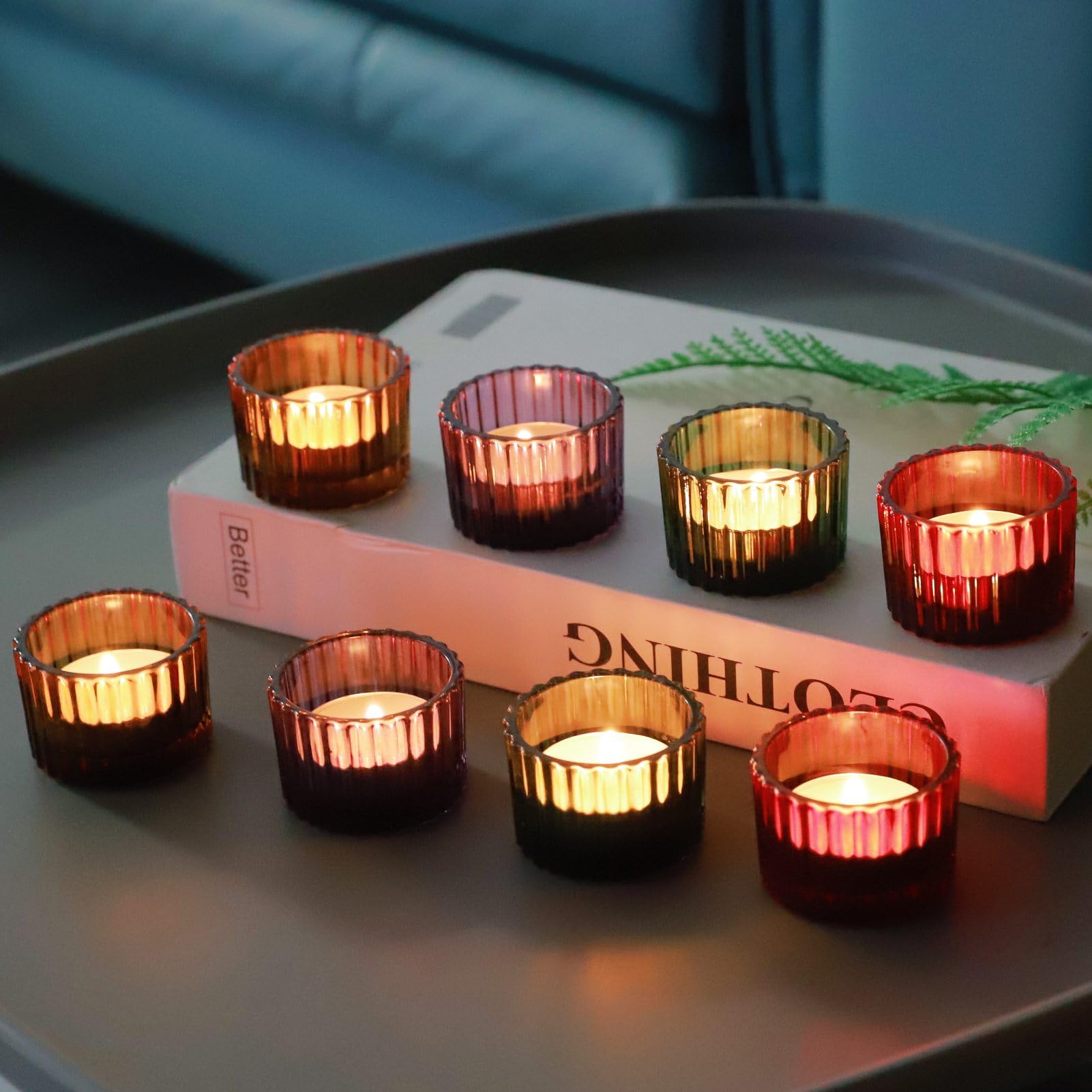 VOHO Lot de 12 photophores en verre côtelé pour décoration d'automne, 4 couleurs, pour centre de table, pour Halloween, Thanksgiving, Noël, cadeaux