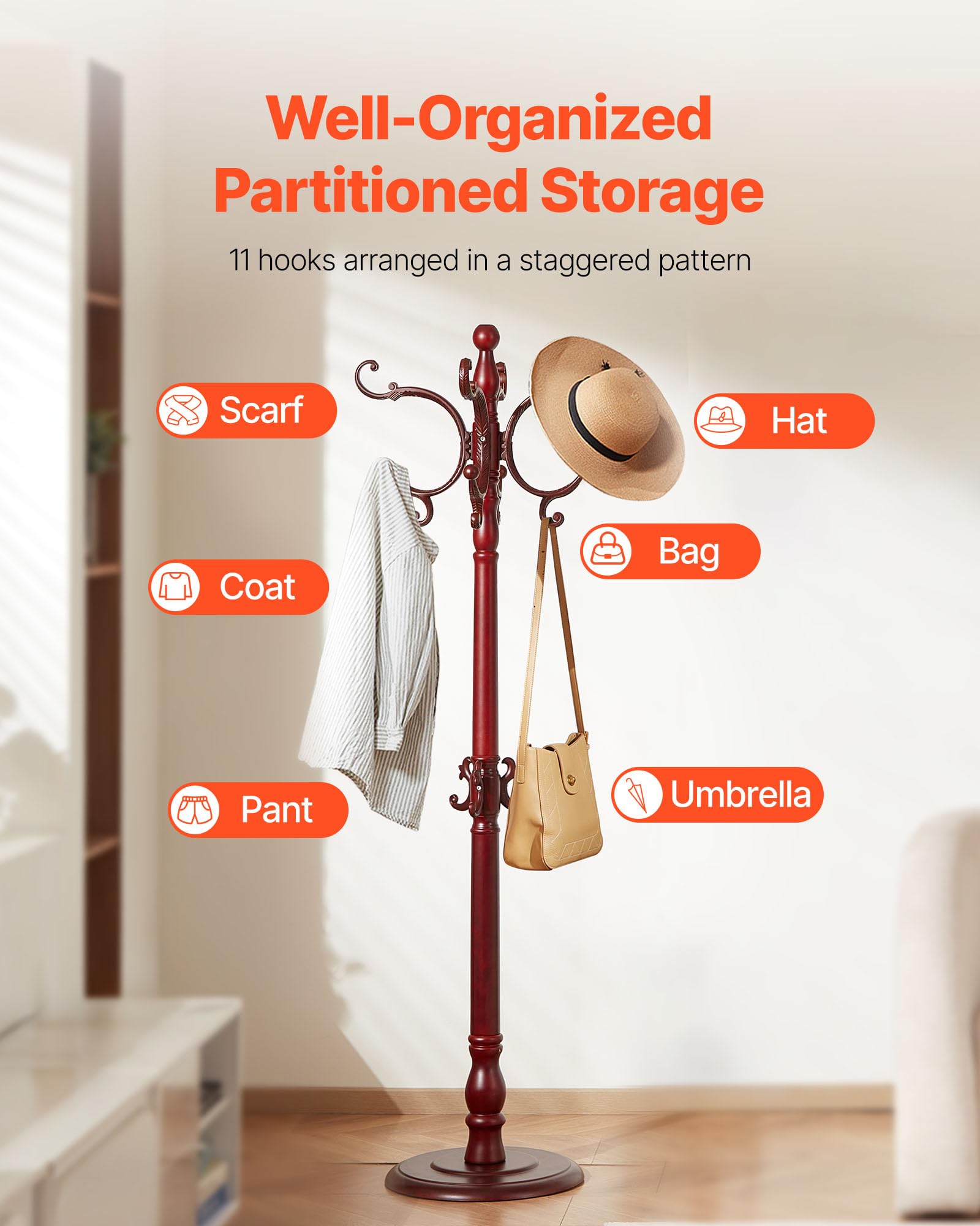 VEVOR Perchero de Pie Independiente de Madera con Base Pesada y 11 Ganchos, Ideal para Entrada, Dormitorio y Sala de Estar, Perchero Moderno para Abrigos, Sombreros y Bolsos, 420 x 420 x 1760 mm