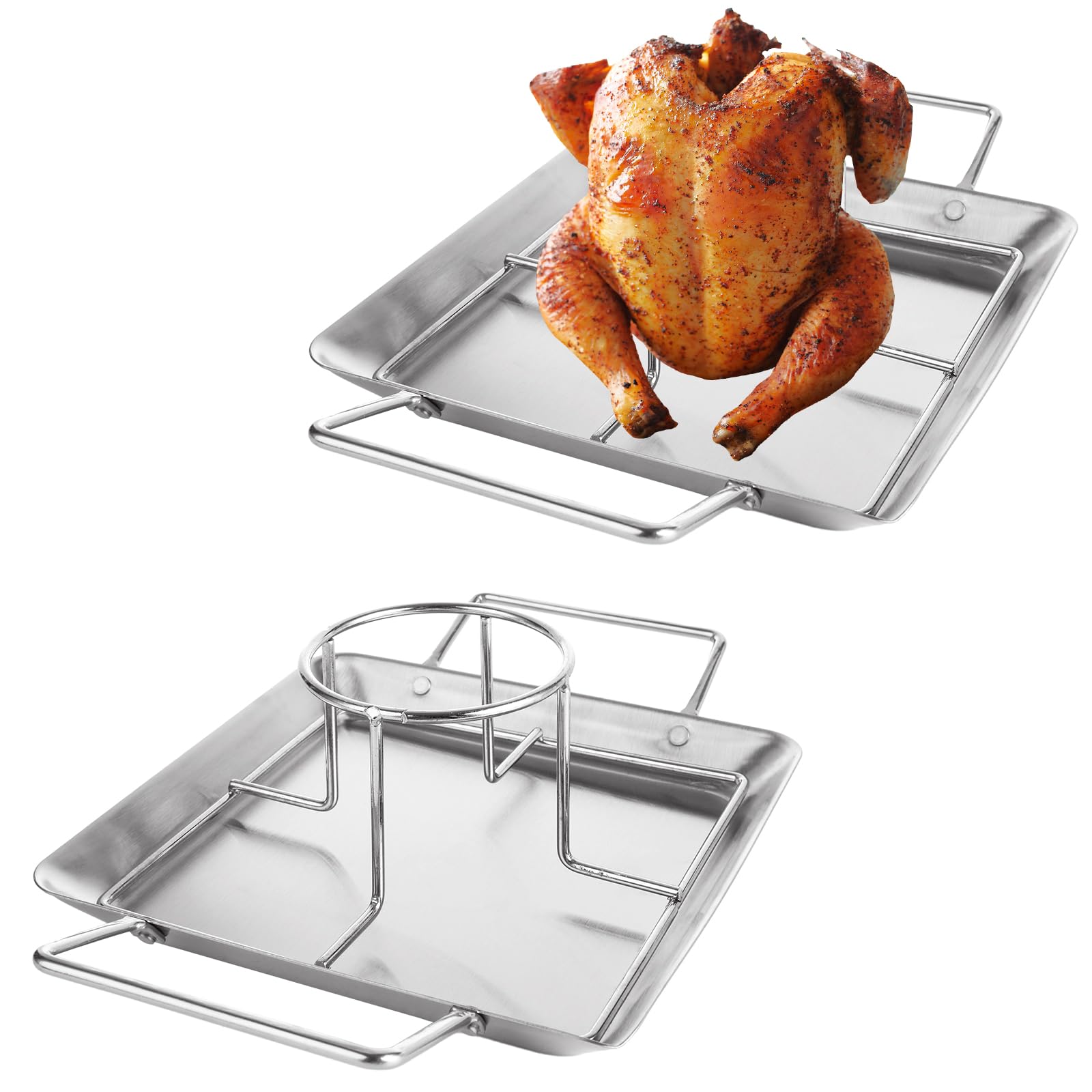 Paquete de 2 soportes para latas de cerveza, de acero inoxidable, bandeja de goteo vertical resistente para asar pollos para parrilla horno barbacoa (2 sartenes + 2 estantes)