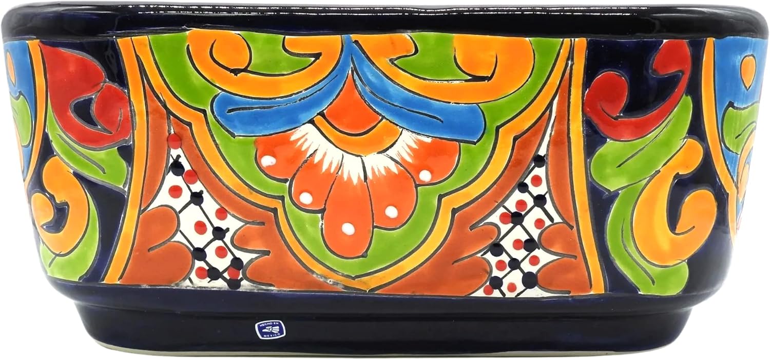 Oval Window Box Planter Small Hand Painted Indoor Outdoor Pot Multi Colored Figure Glazed