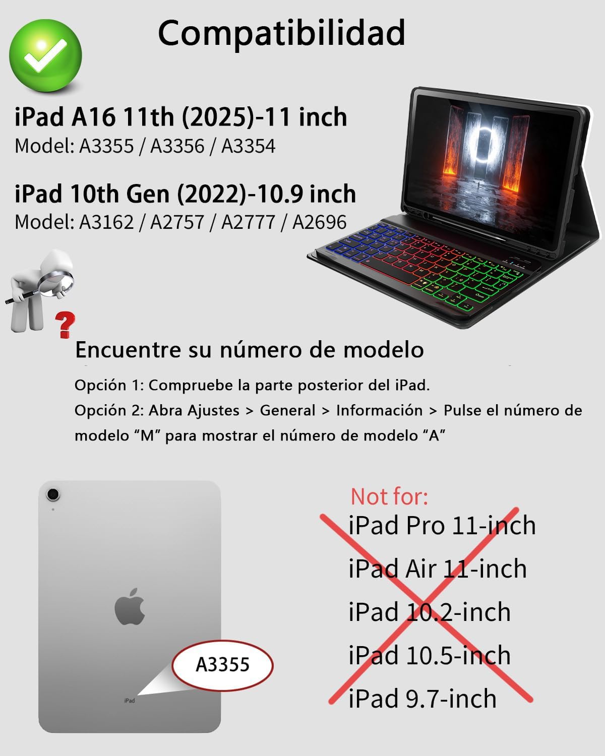 Para iPad A16 11 Generación (2025) 11 pulgadas / iPad 10 Generación (2022) 10,9 pulgadas funda con Teclado inalámbrico Bluetooth retroiluminado (teclado QWERTY, distribución española) y ratón，Negro