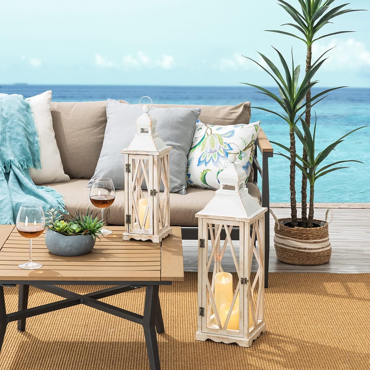 Diamond White Painted Wood Hanging Tabletop Candle Lantern Set