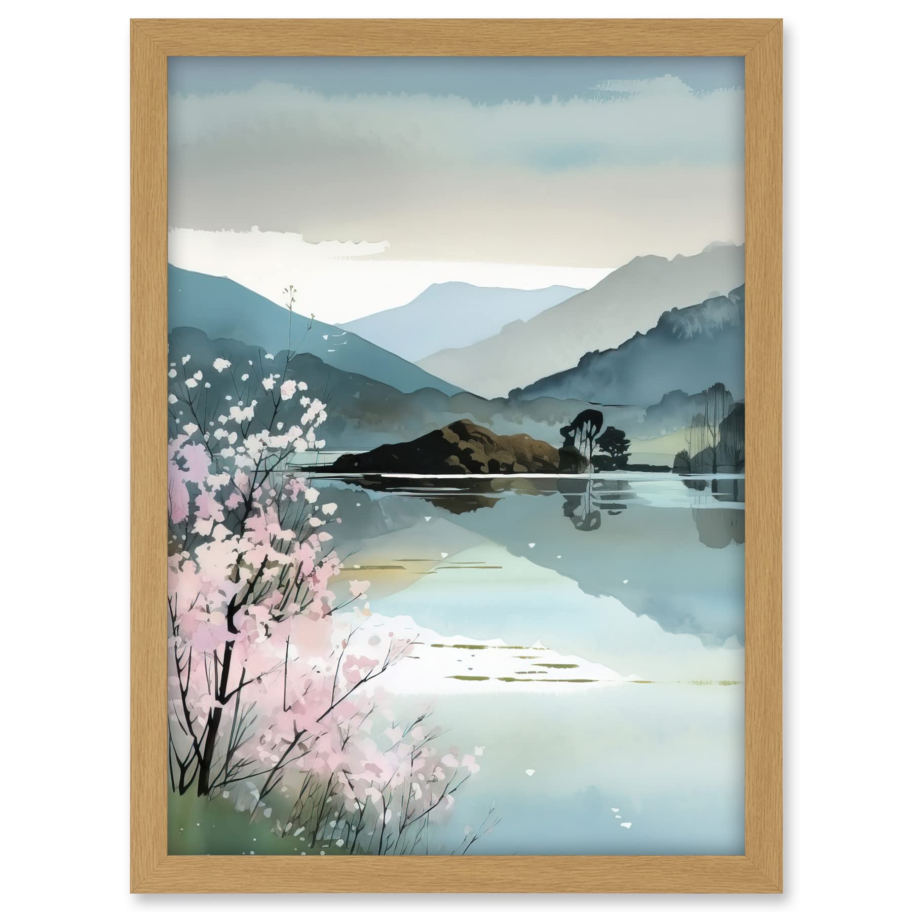 Artery8 Lakeside Landscape with Cherry Blossom Tree Modern Watercolour Painting Artwork Framed A3 Wall Art Print
