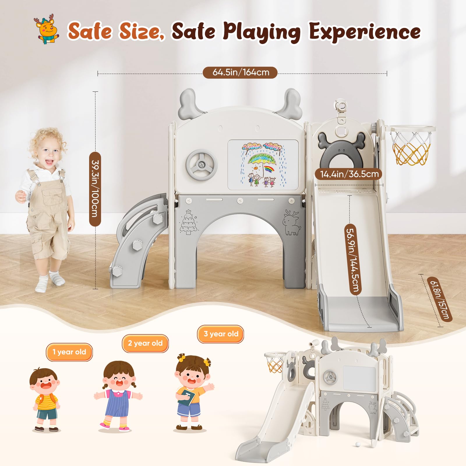 Krovtoy Scivolo per bambini a tema alce di Natale, indipendente con set da golf, Attrezzatura per parco giochi con scivolo per bambini, per uso interno (beige grigio- 6 in 1)