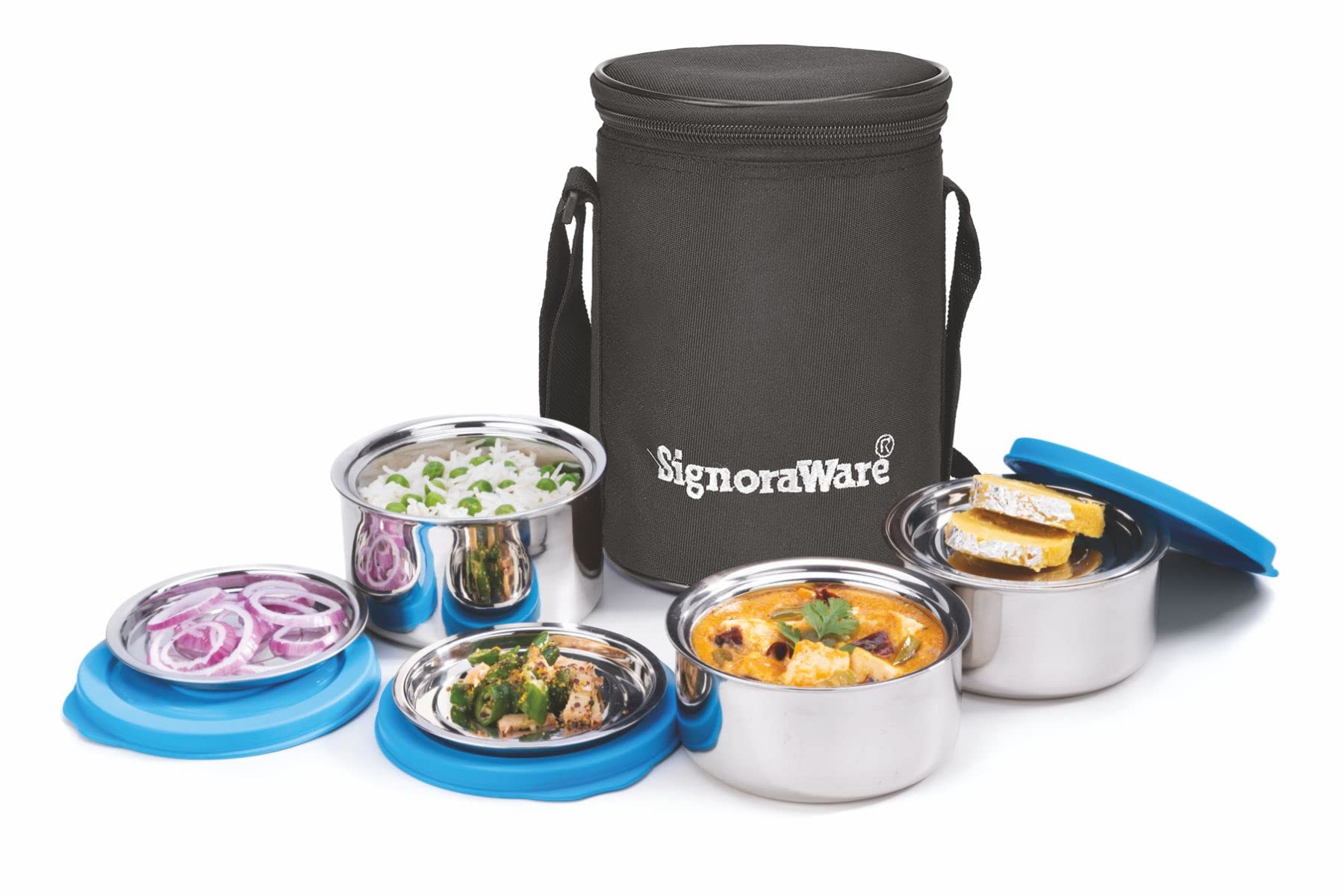 Signoraware 350ml+ 260ml+ 260ml Twin Wall Stainless Steel Executive Lunch Box with Lid, Insulated Bag, Food Grade BPA Free, Airtight Leak Proof Container, Freezer Safe, 0.5mm Thick (Blue) (B07TLFYKTD) Amazon Price History, Amazon Price Tracker