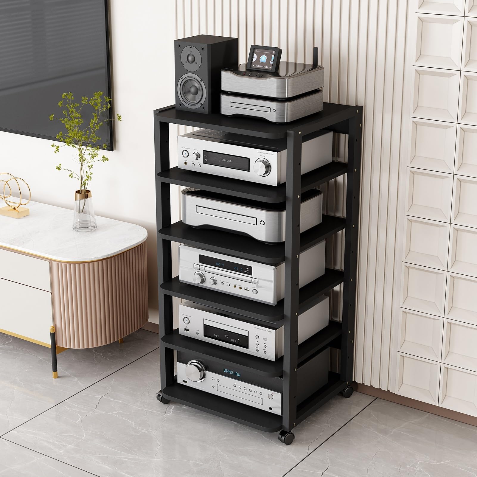 4/5/6 Tier Media Player Stand Stereo Rack Audio/Video Component Cabinet Home Office Multi-Function Open Storage Shelf Movable Audio Tower with Adjustable Wooden Shelves and Wheels (Size : 6 Tier)