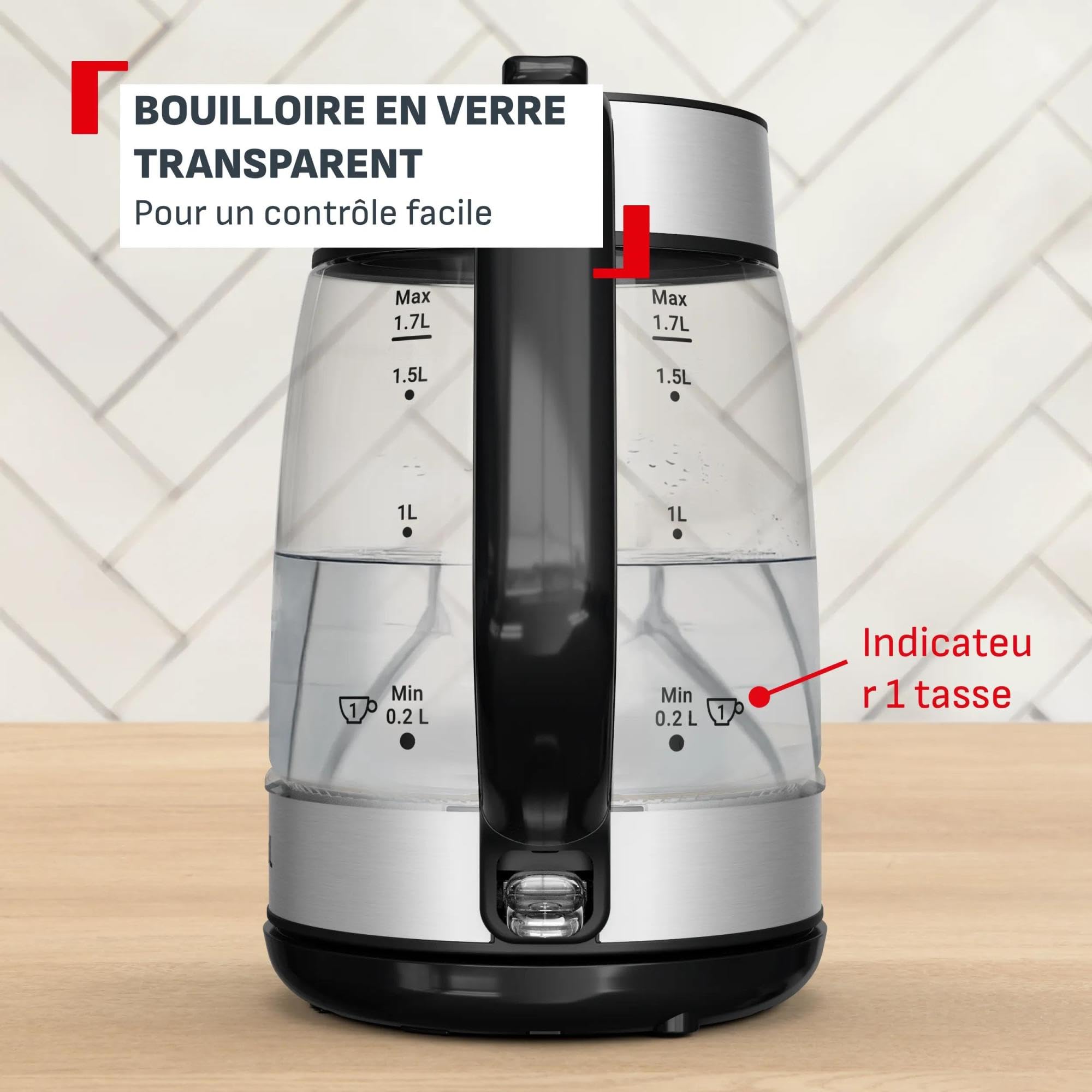 Tefal Express, Bouilloire en verre, Bouilloire électrique, Ébullition rapide, Arrêt automatique, Indicateur 1 tasse, KI6A58E0