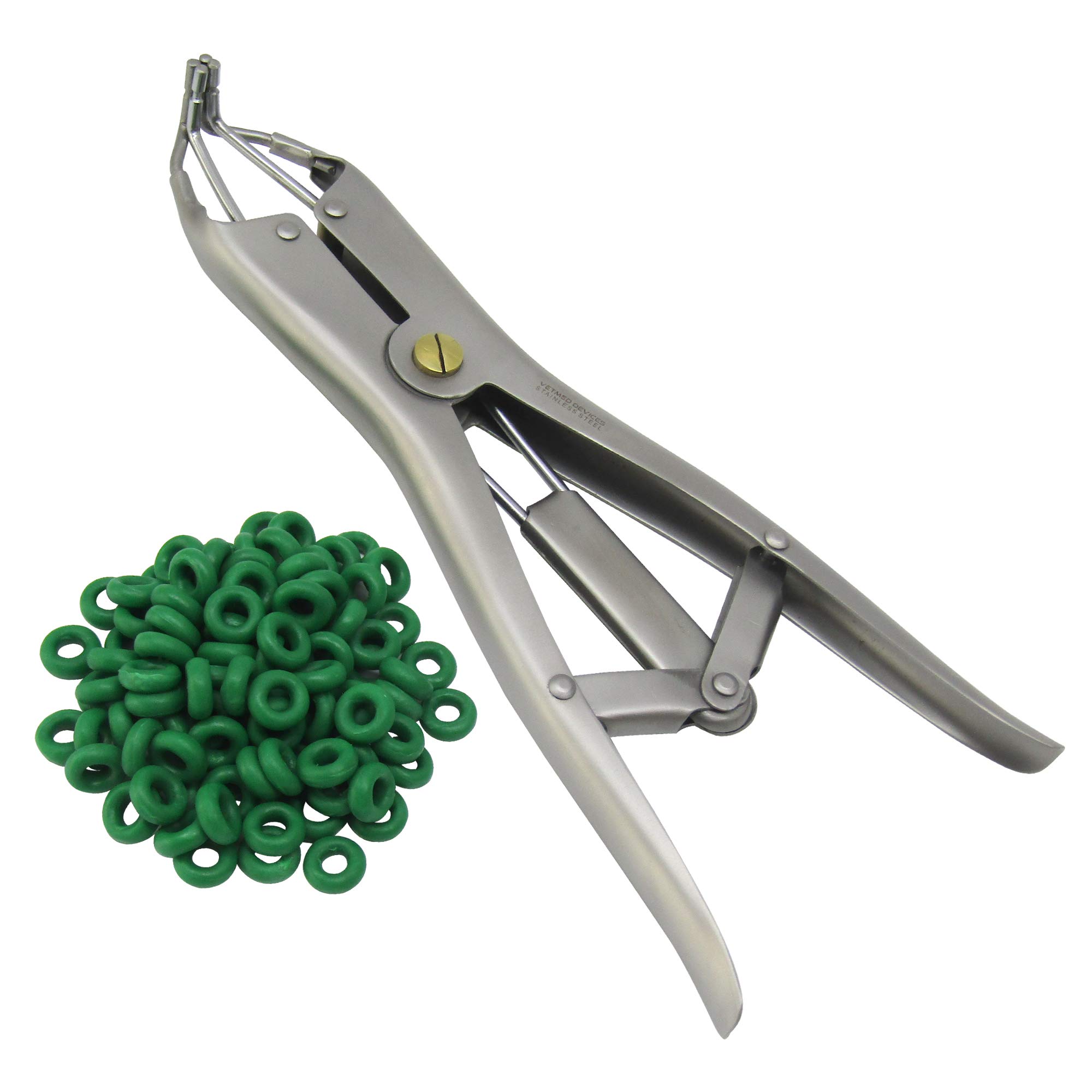 Elastrator Stainless Steel 10" Long Pliers set with 100 Elastic Green Bands free, Durable, Smooth Easy Upright Pliers (animal only)