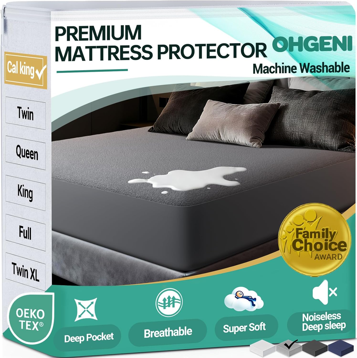 Ohgeni 100% Waterproof Mattress Protector, California King Grey Size, Fitted Sheet with Deep Pockets, 6''-18'', Premium Noiseless Breathable Soft Material, Mattresses Cover for Bed