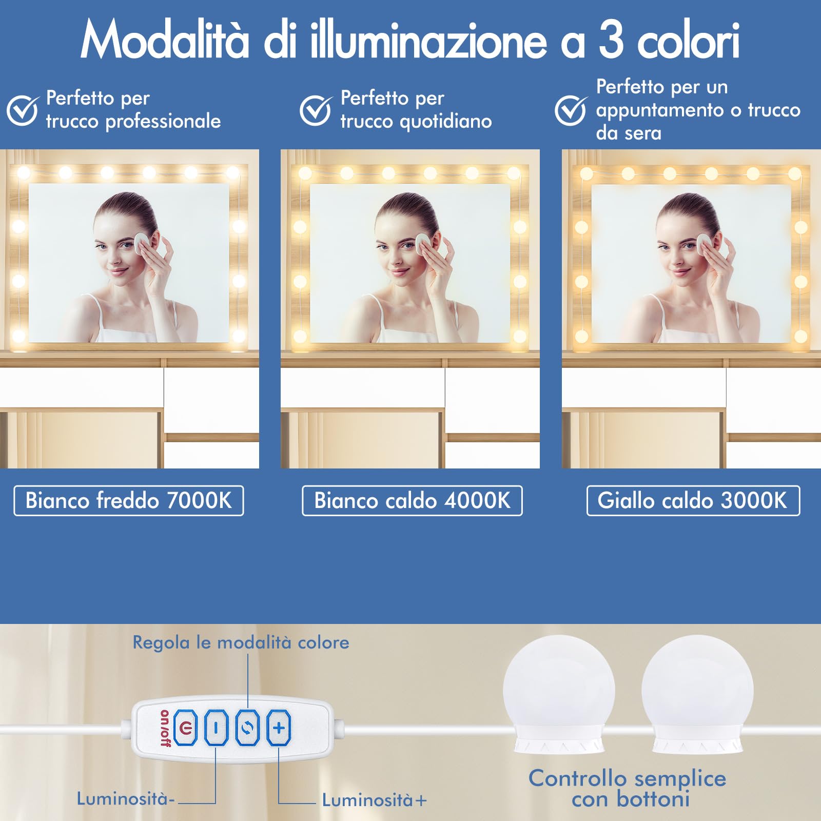 ALFORDSON Scrivania da trucco con specchio e luci, set da trucco da 90 cm con 4 cassetti e sgabello portaoggetti, luci LED regolabili, tavolo da toeletta per camera da letto di donne e ragazze, Legno